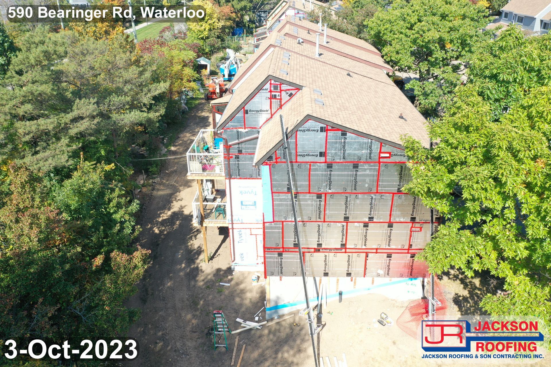 An aerial view of a house under construction.
