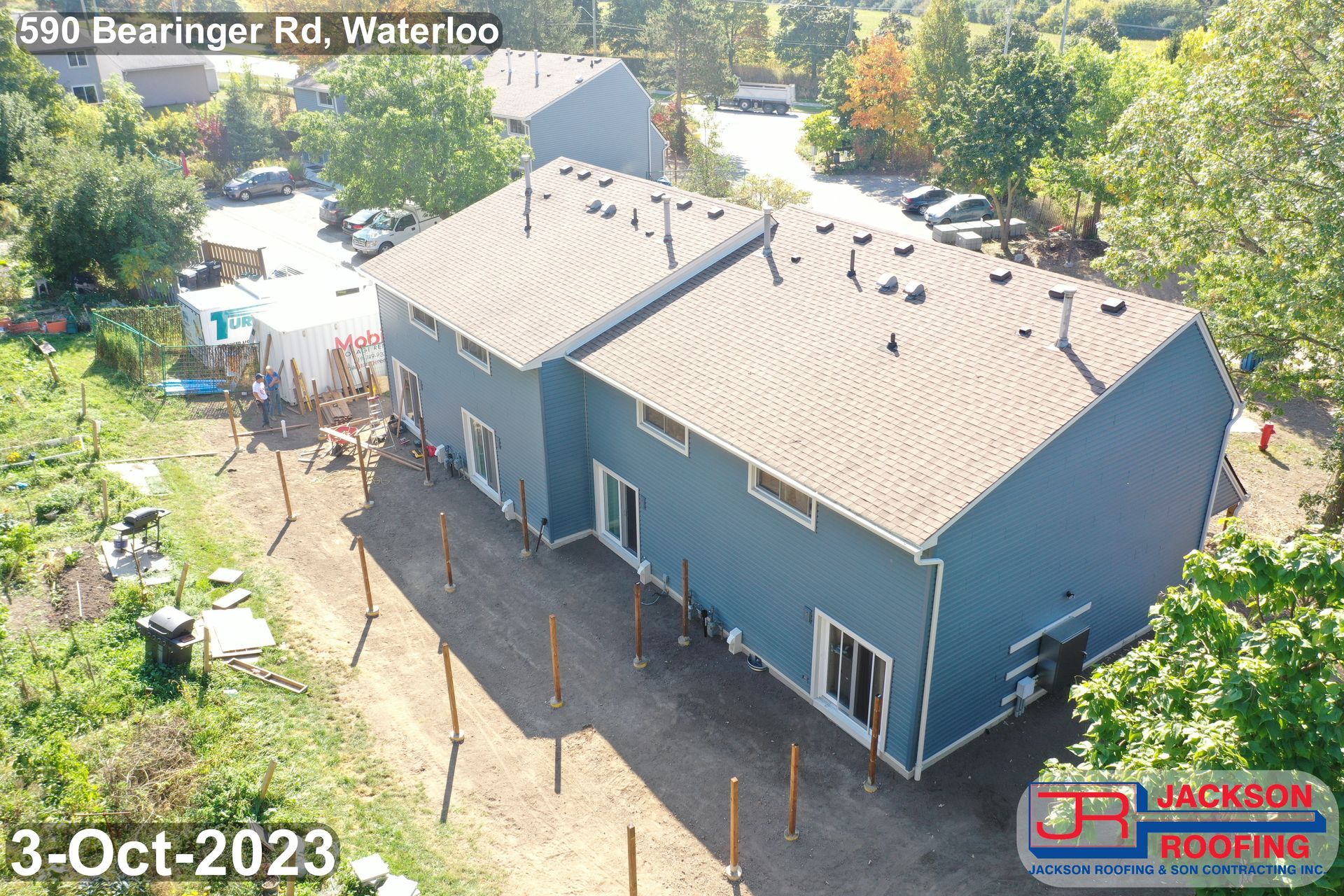 An aerial view of a house that is being built.