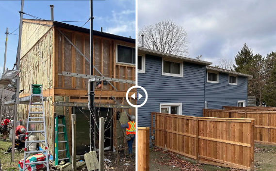 A before and after photo of a house being remodeled with a wooden fence.