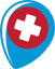 Blue map pin with red circle and white cross, whch is part of the PediaClinic Logo