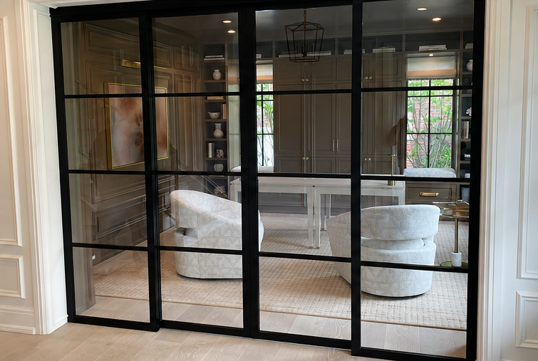 Frameless sliding glass partitions define a professional waiting area installed by First Class Glass in Birmingham, MI.