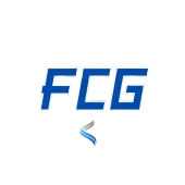 Blue FCG logo with a small abstract swoosh beneath it on a white background