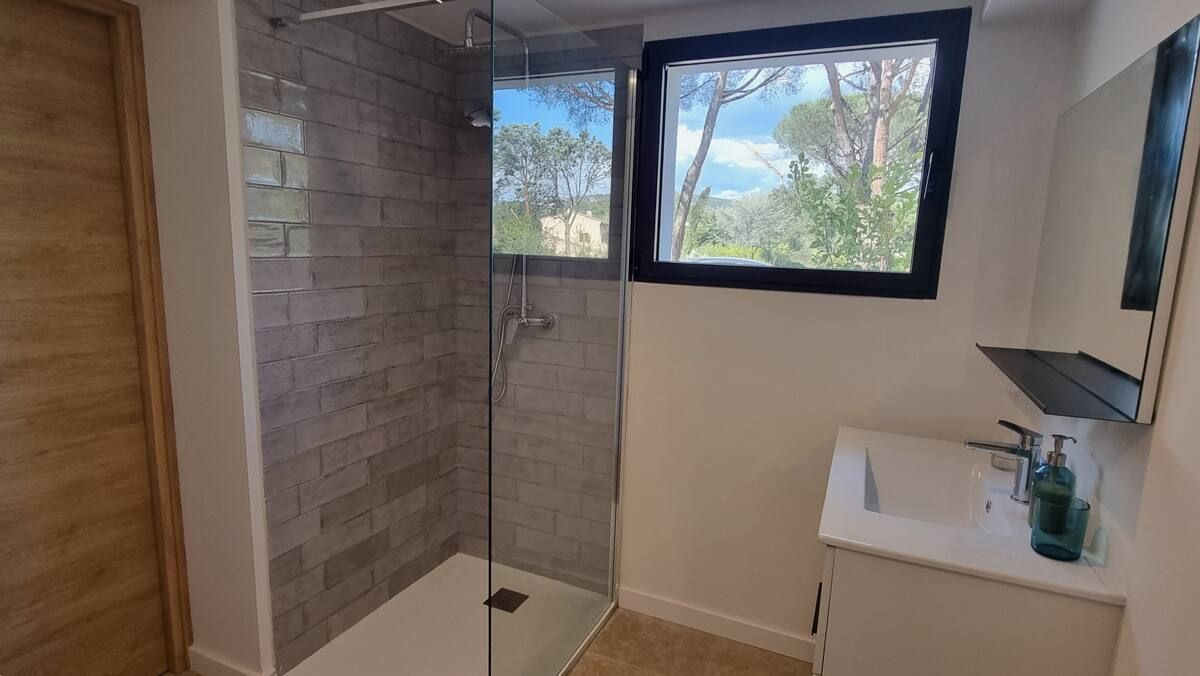 Salle de bain avec douche en verre, fenêtre, lavabo et porte marron clair. Carrelage gris sur un mur.