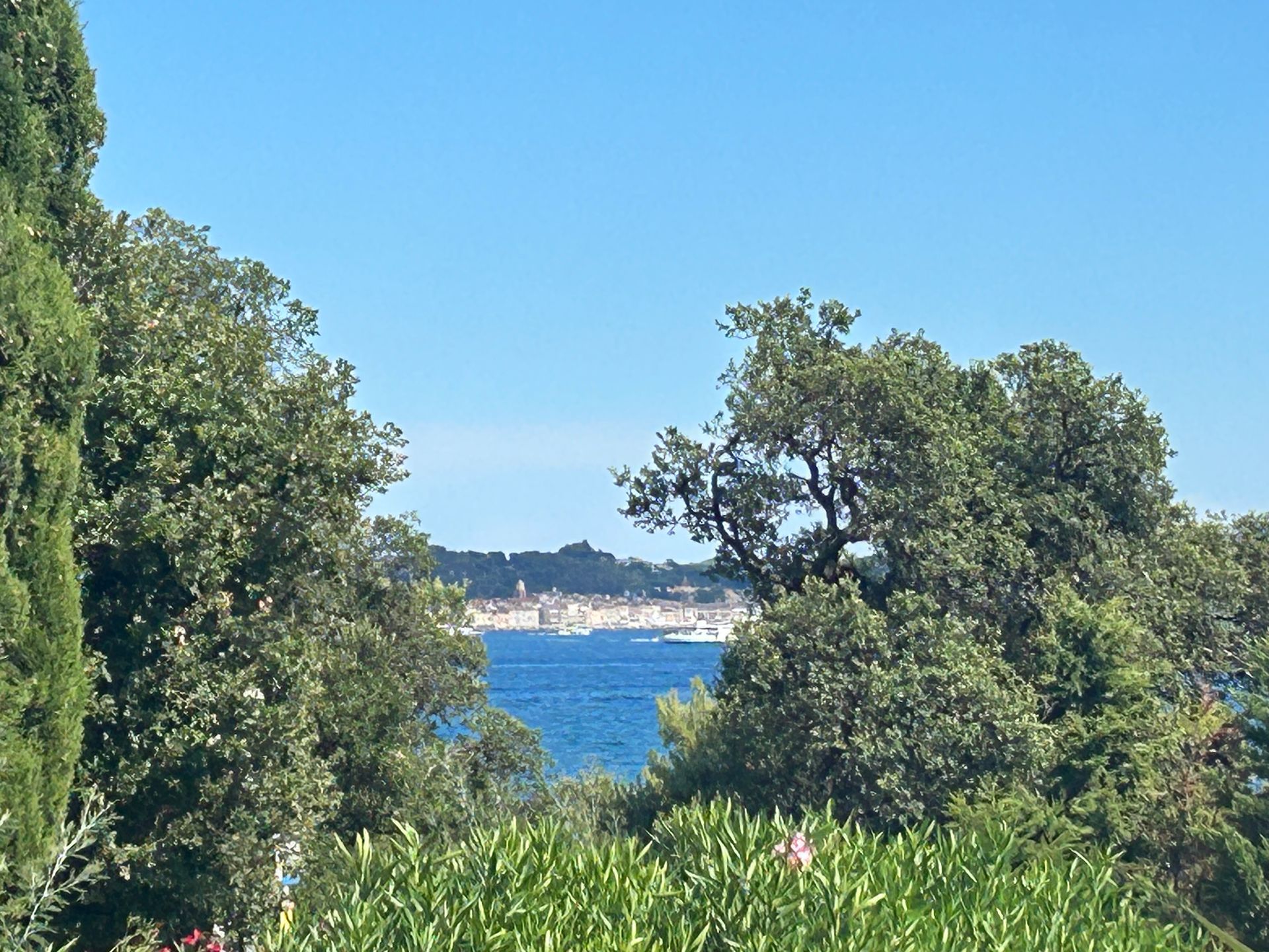Mer et ciel bleus encadrés d'arbres verts, bâtiments lointains sur le rivage.
