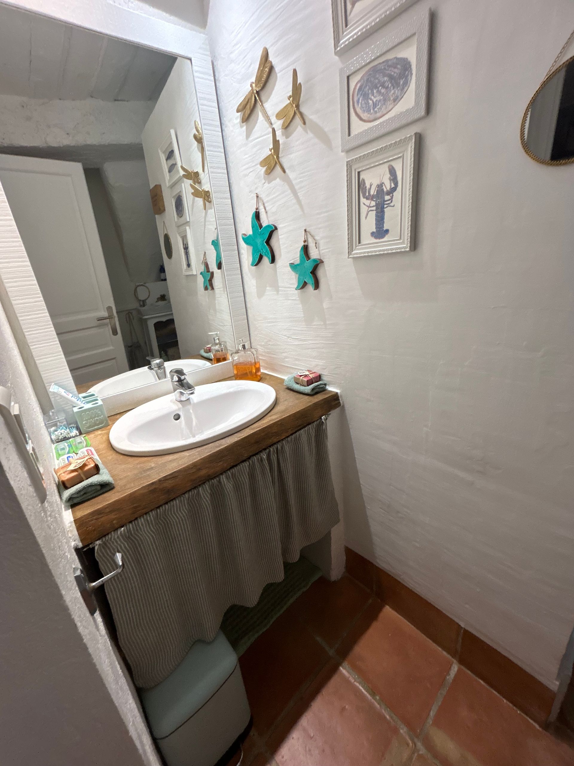 Petite salle de bain avec lavabo, miroir et décoration murale ; murs blancs, comptoir marron, carrelage en terre cuite.