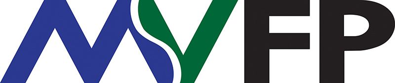 A blue , green , and black logo for myfp on a white background.