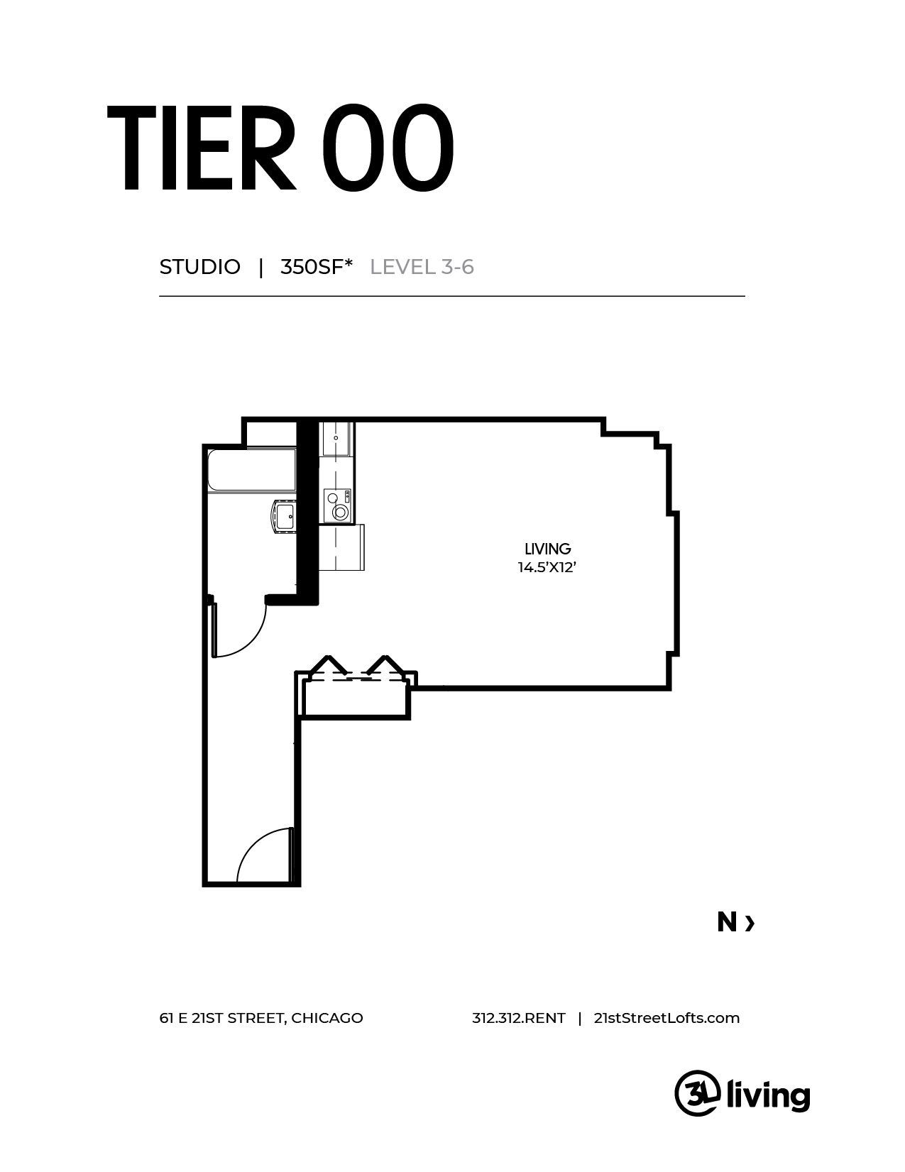 A black and white floor plan of a studio apartment.