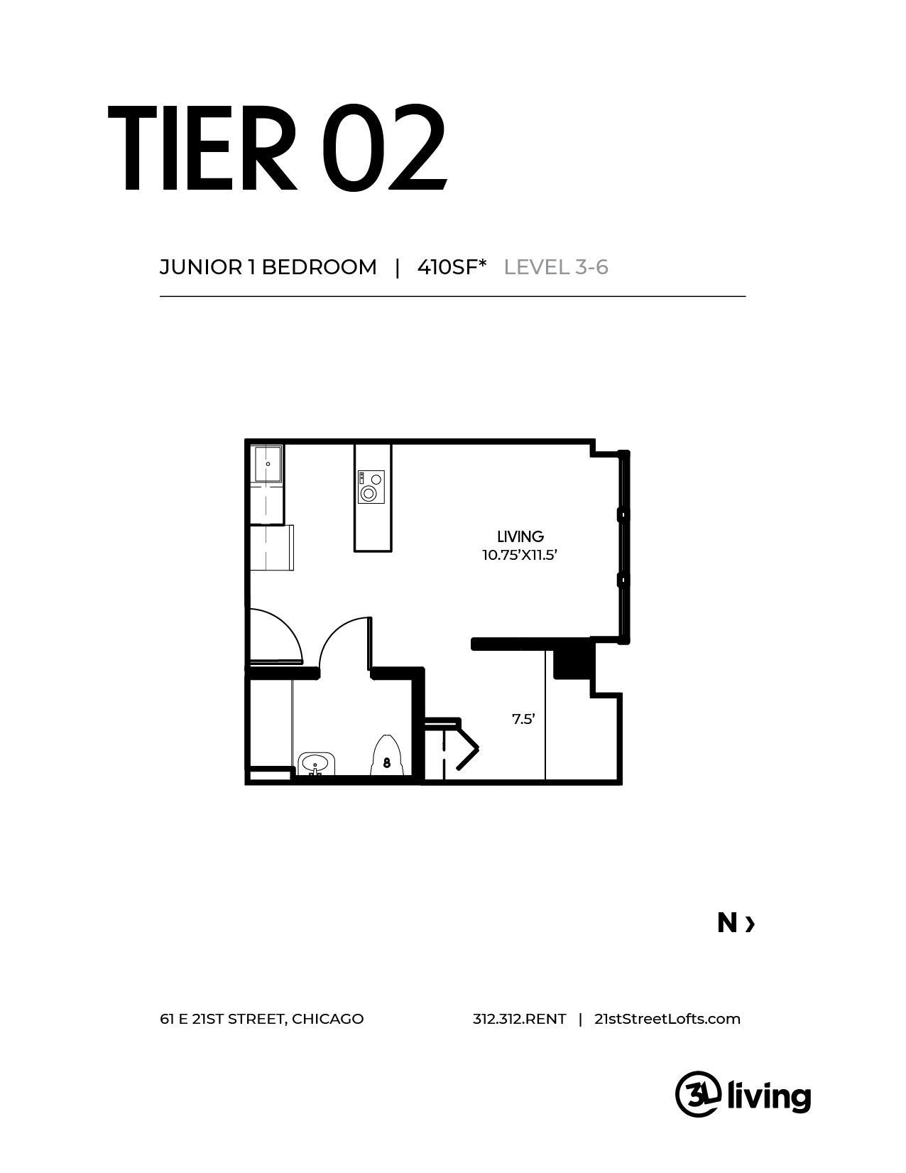 A black and white floor plan of a tier 02 apartment.