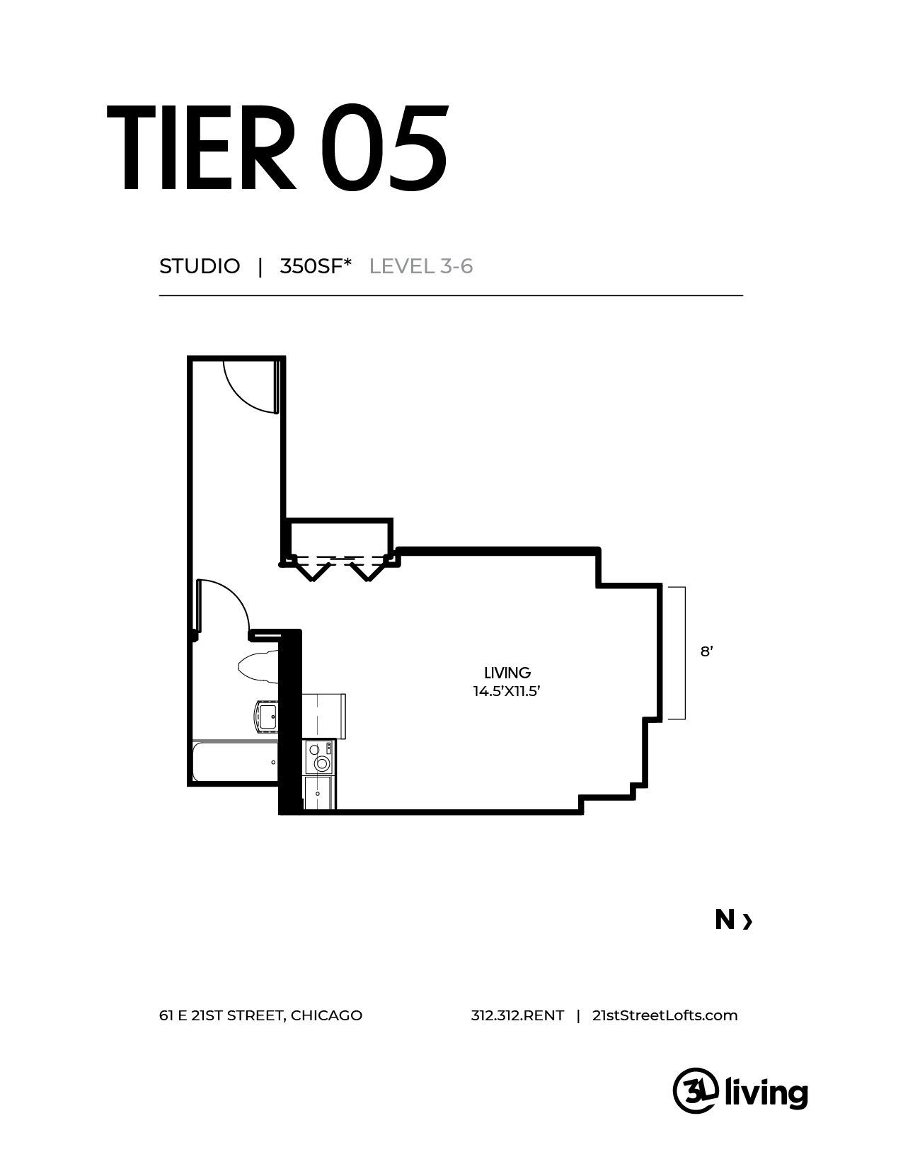 A black and white floor plan of a studio apartment.