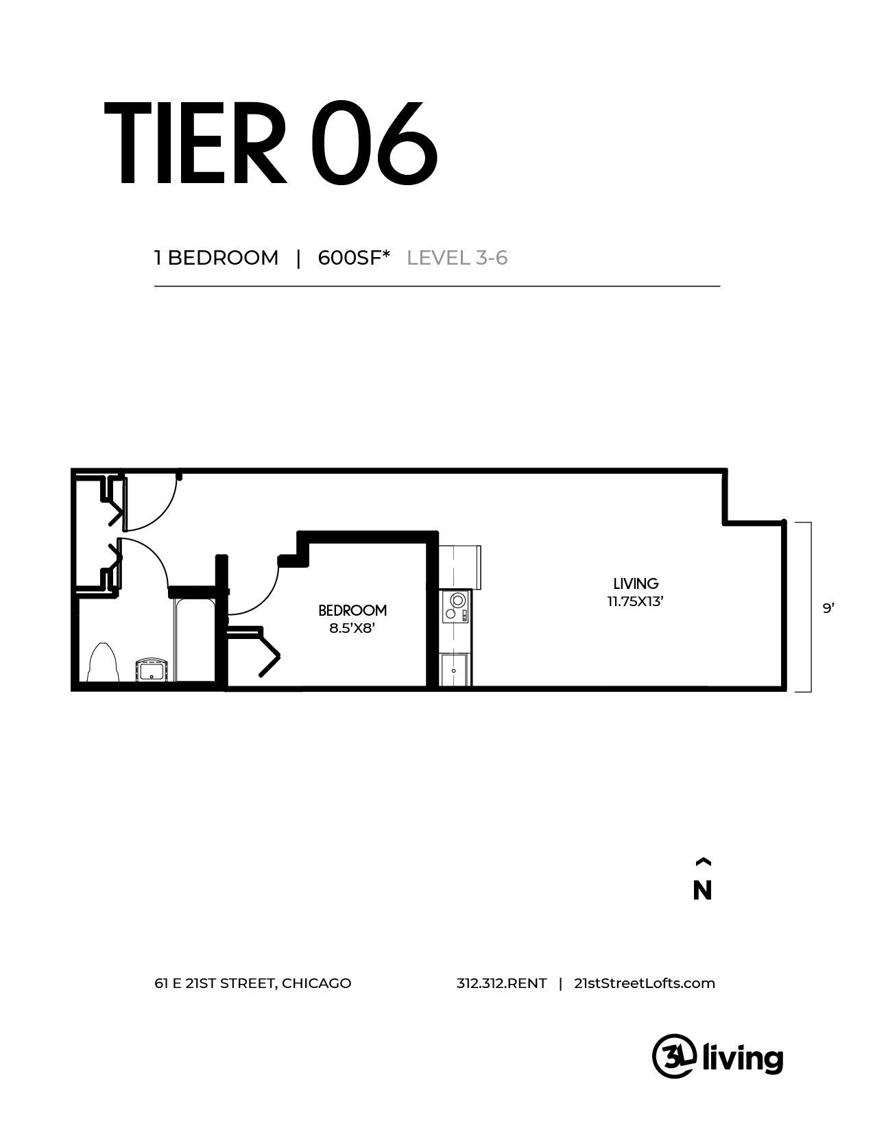 A black and white floor plan of a tier 06 apartment.