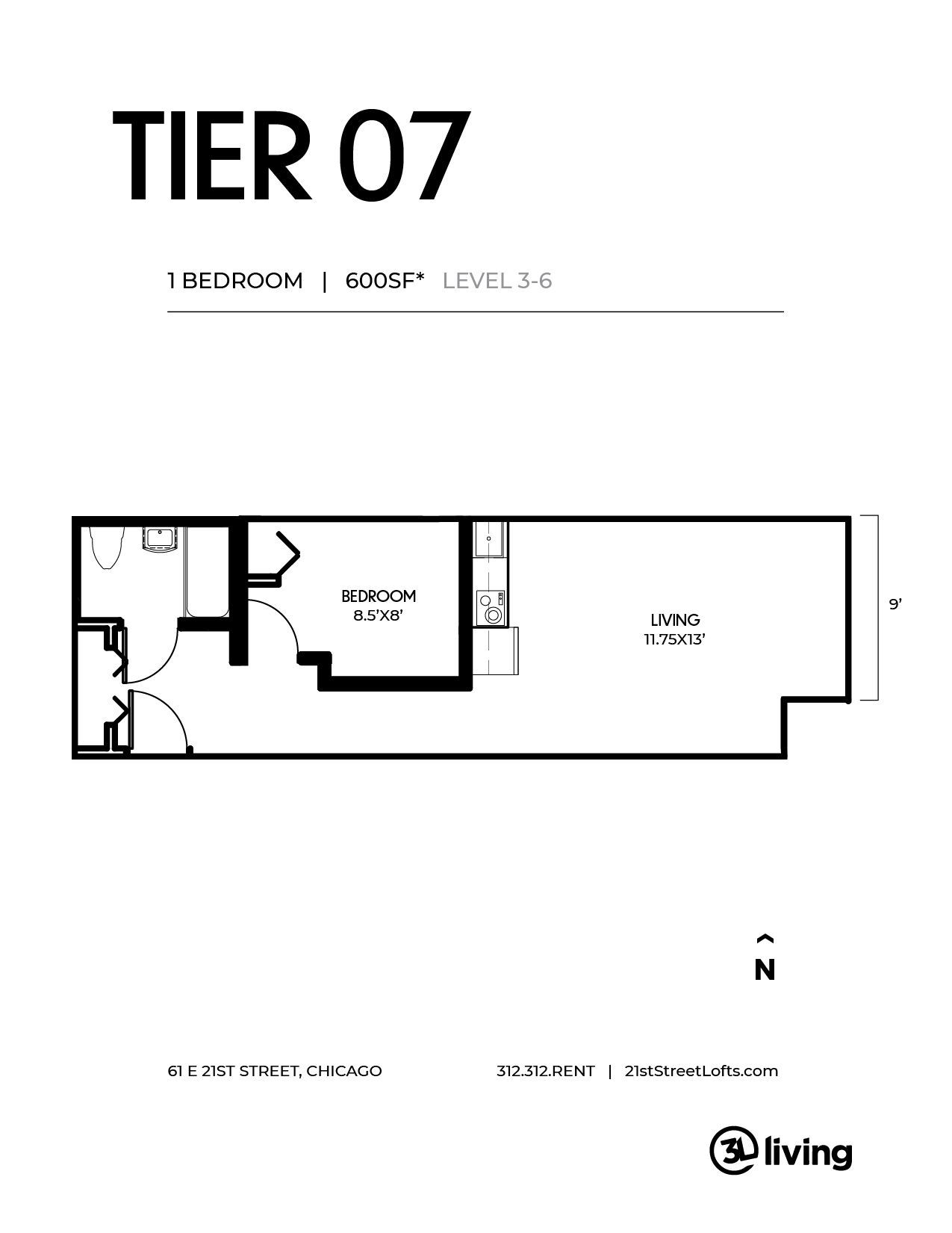 A black and white floor plan of a tier 07 apartment.