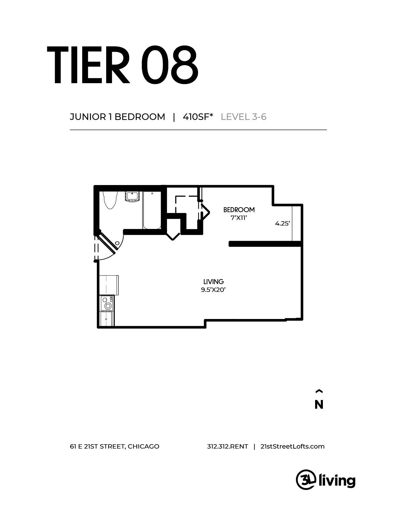 A black and white floor plan of a tier 08 apartment.