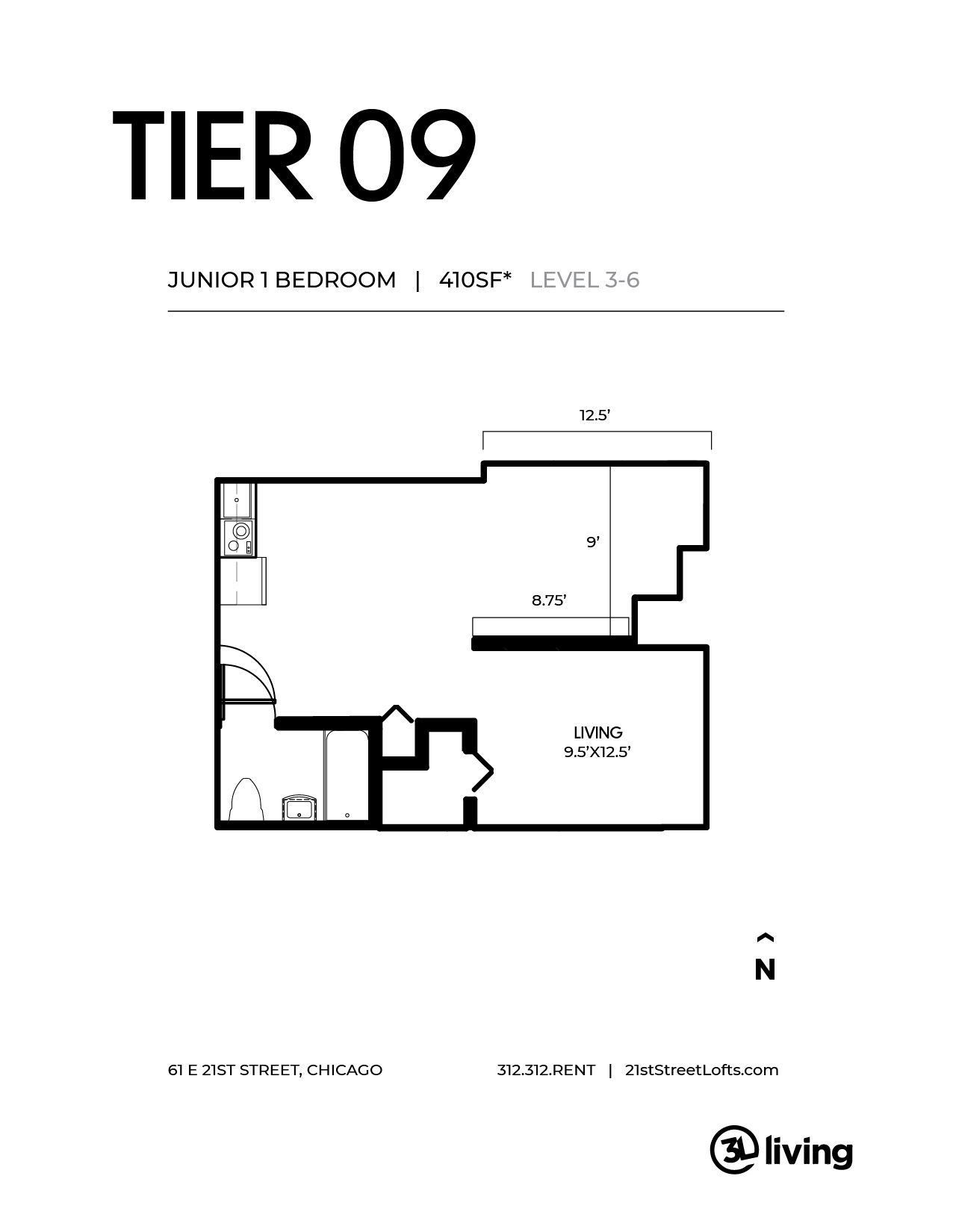 A black and white floor plan of a tier 09 apartment.