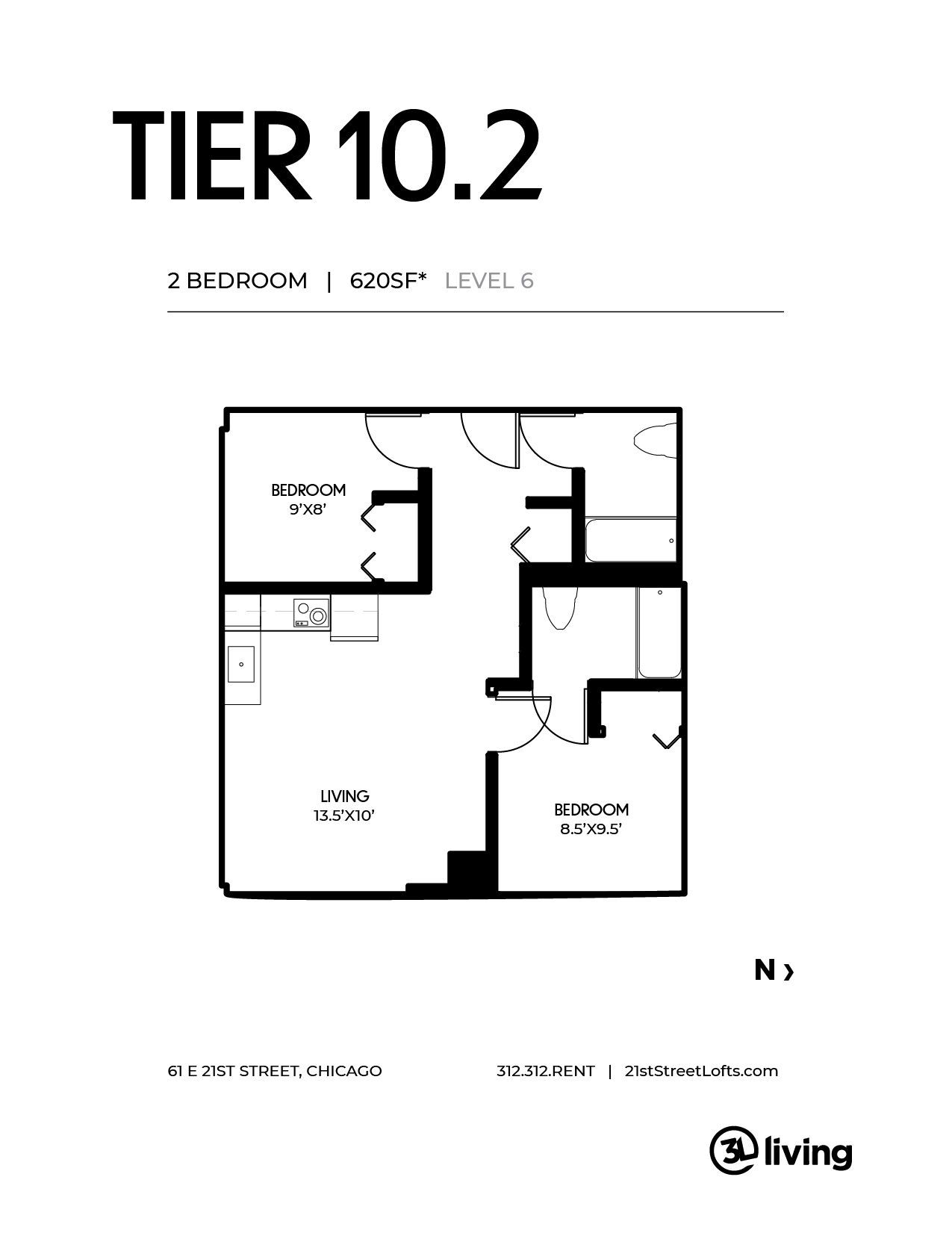 A black and white floor plan of a tier 10.2 apartment.