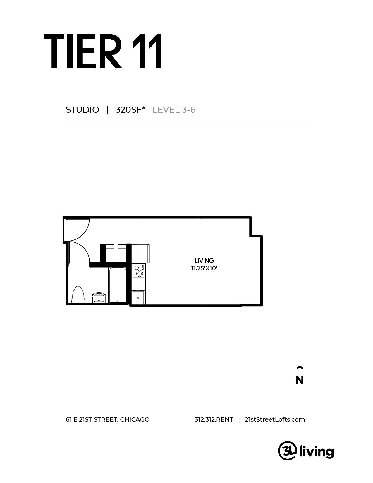 A black and white floor plan of a studio apartment.