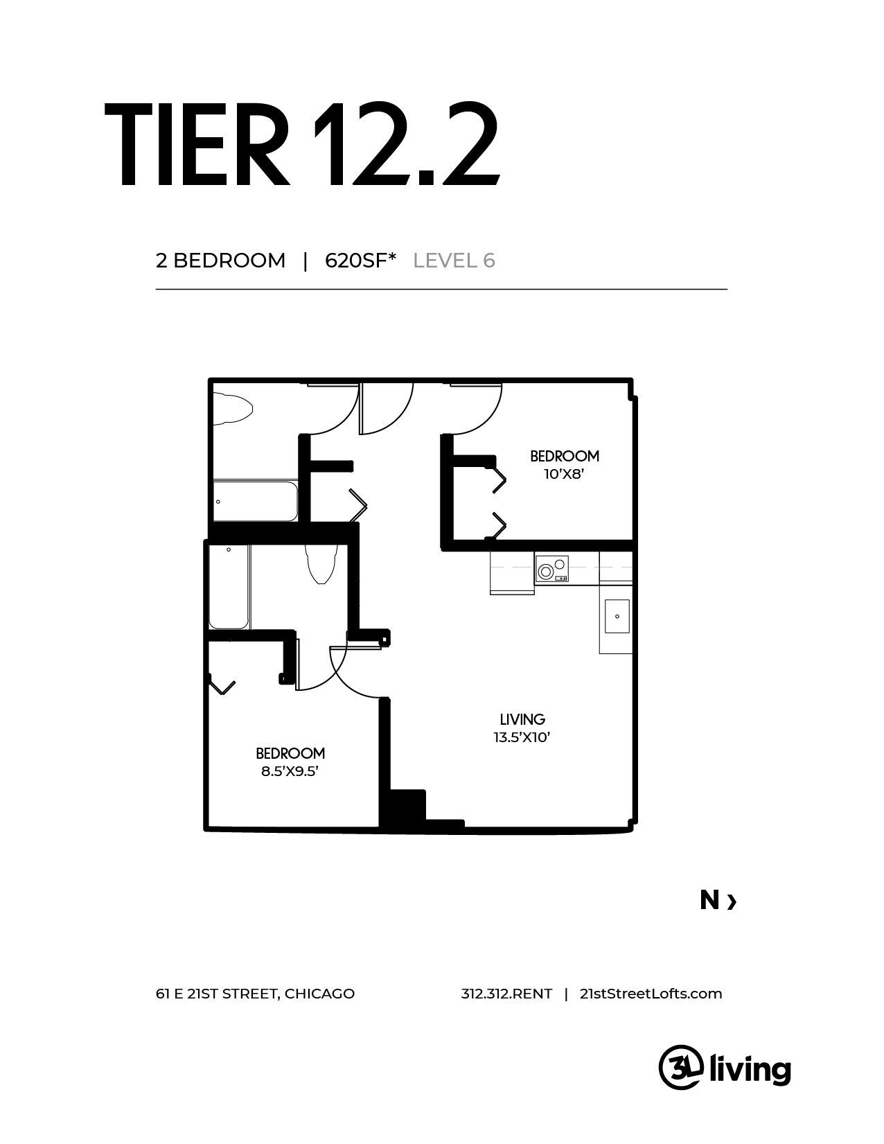 A black and white floor plan of a tier 12.2 apartment.