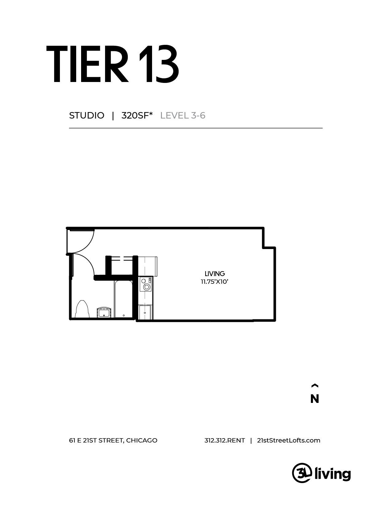 A black and white floor plan of a studio apartment.