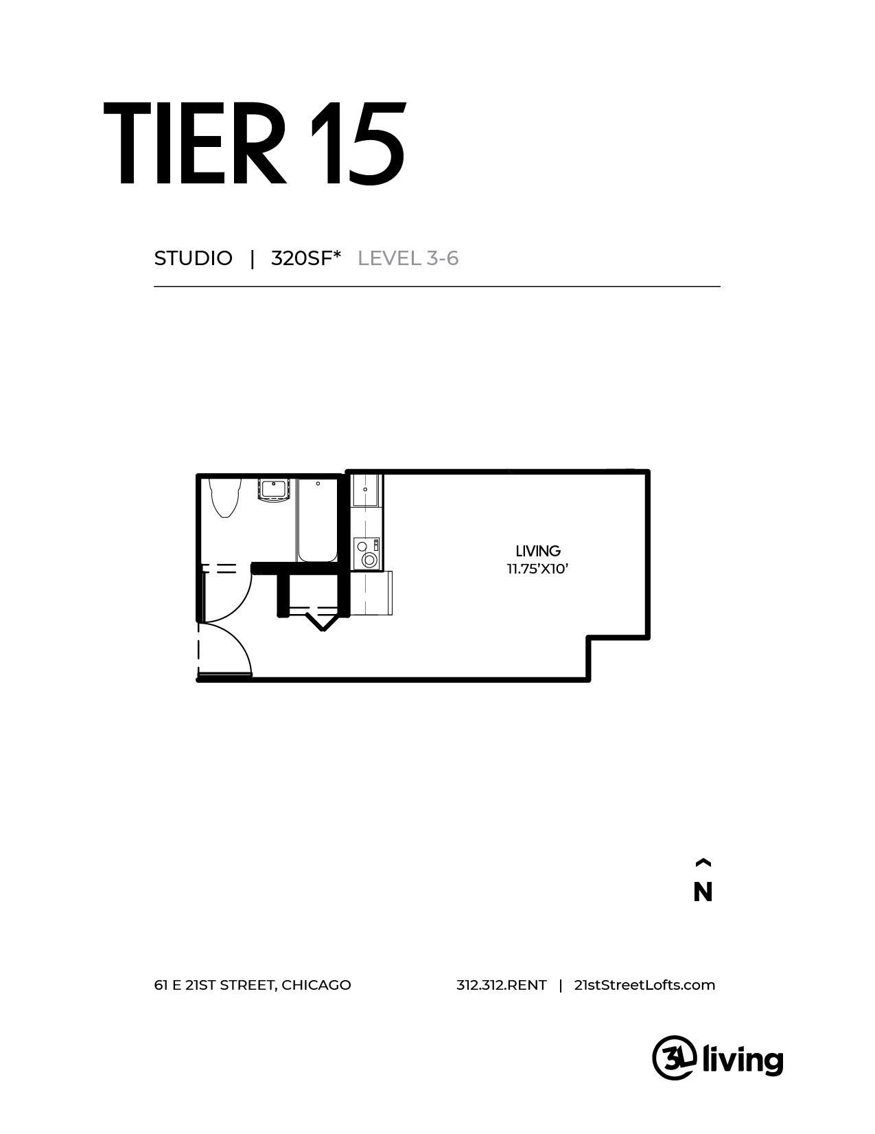 A black and white floor plan of a studio apartment.