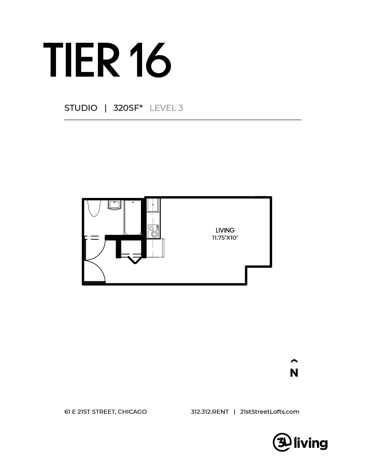 A black and white floor plan of a studio apartment.