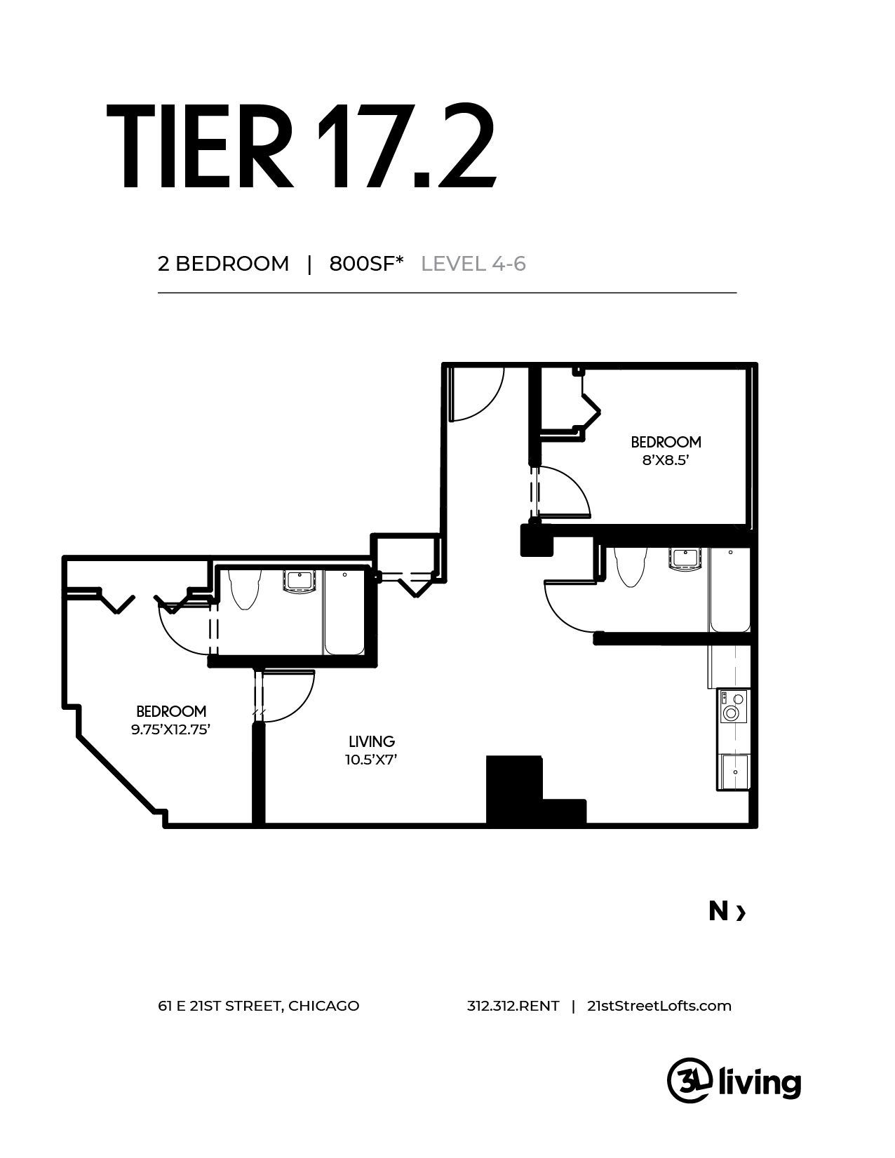 A black and white floor plan of a tier 17.2 apartment.