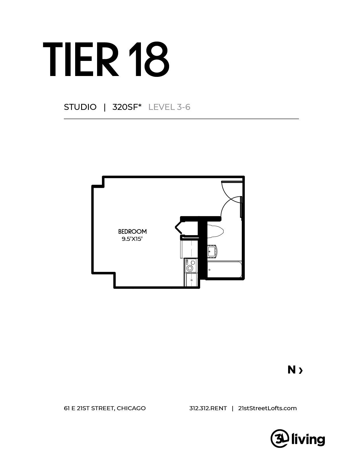 A black and white floor plan of a studio apartment.