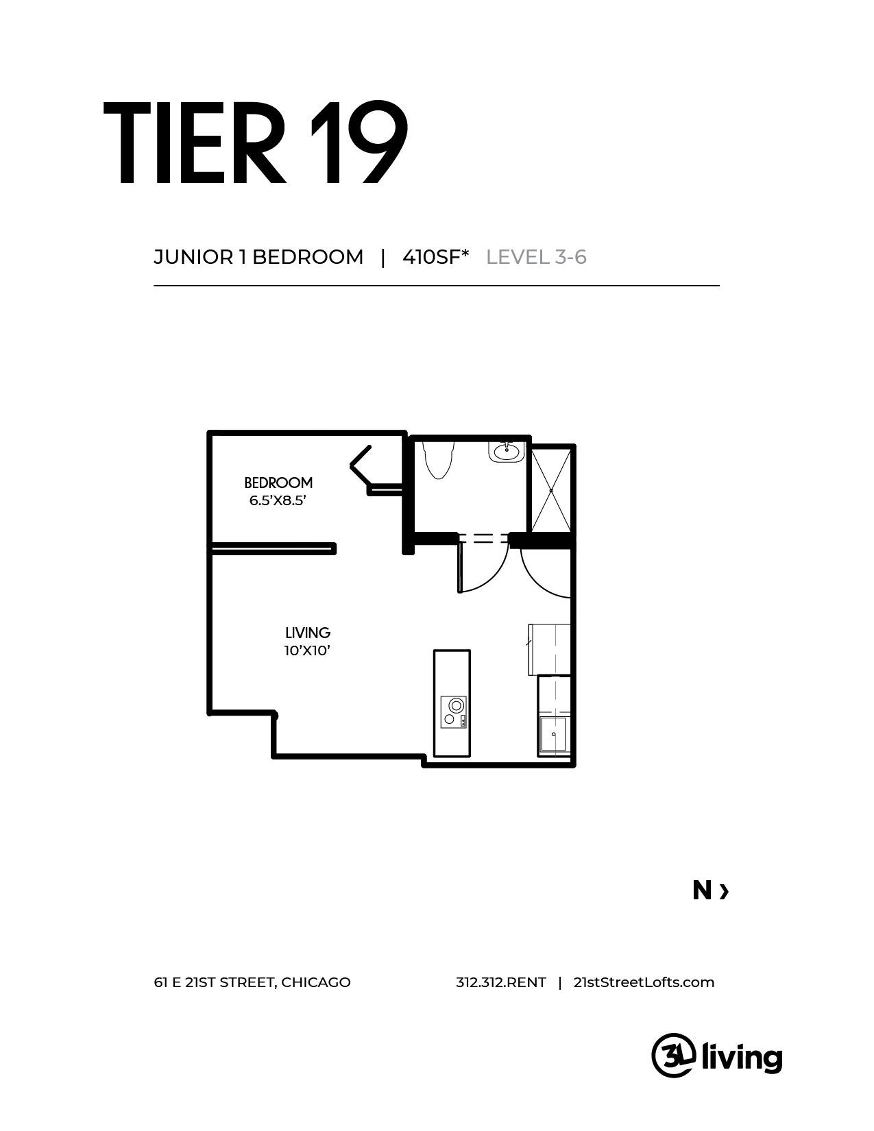 A black and white floor plan of a tier 19 apartment.