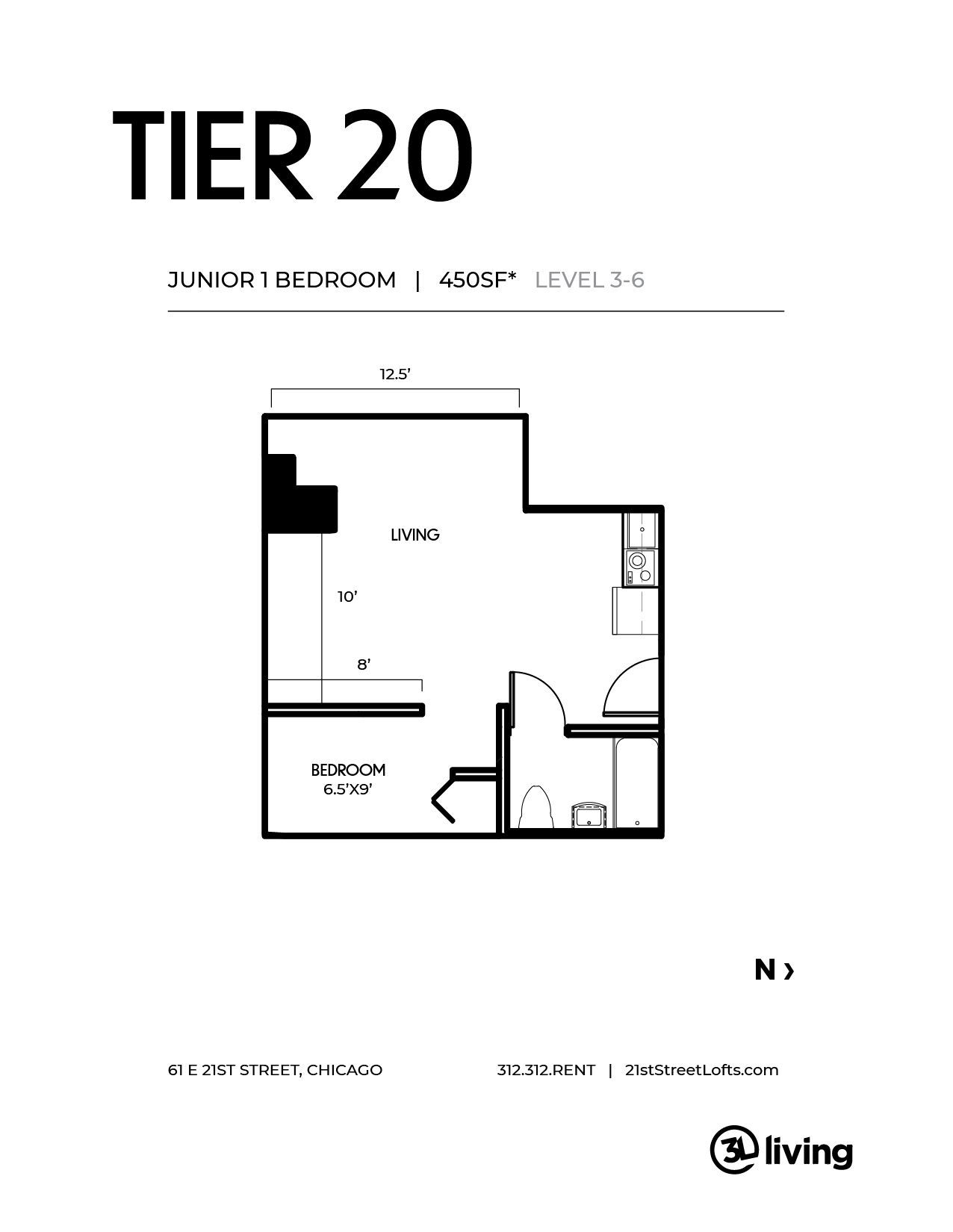 A black and white floor plan of a tier 20 apartment.