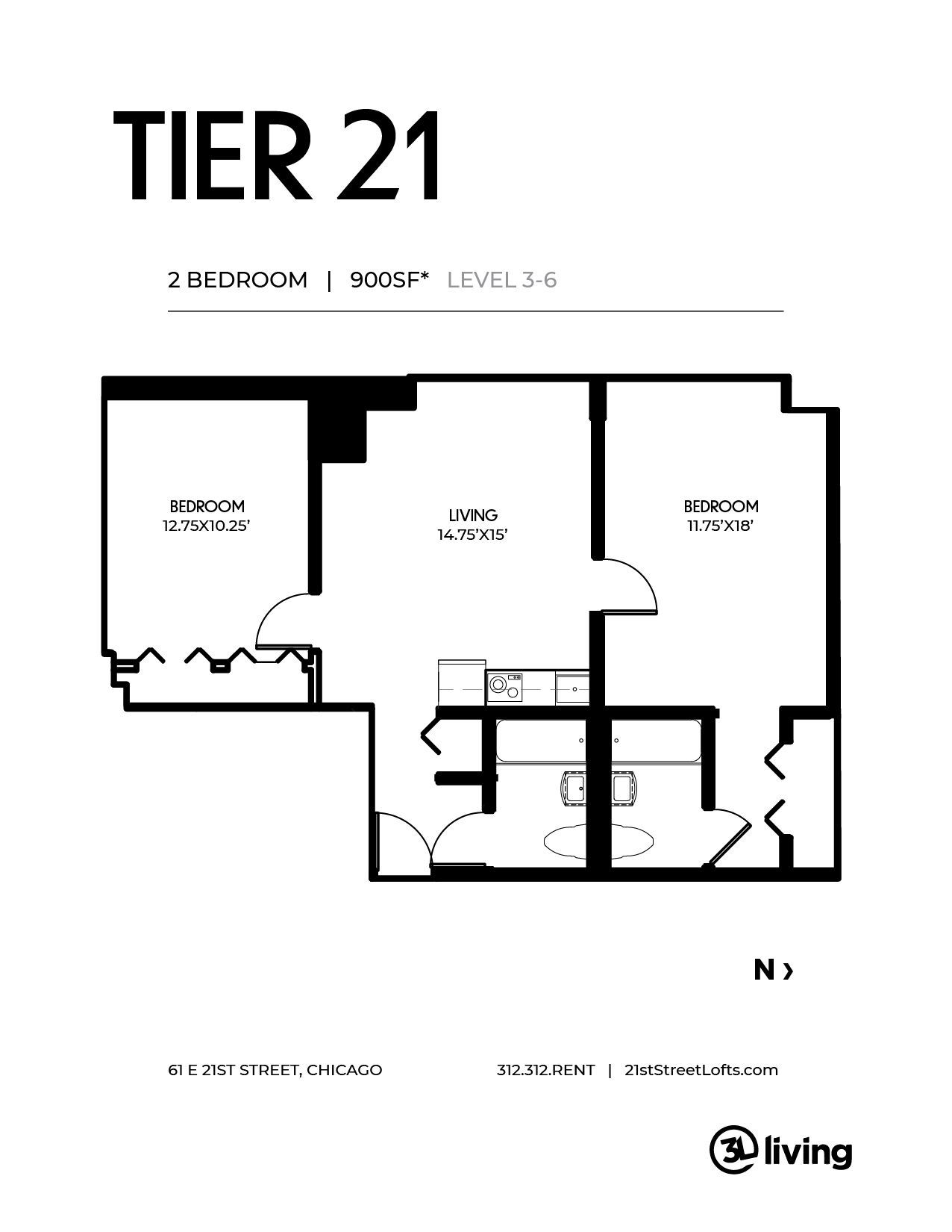 A black and white floor plan of a tier 21 apartment.