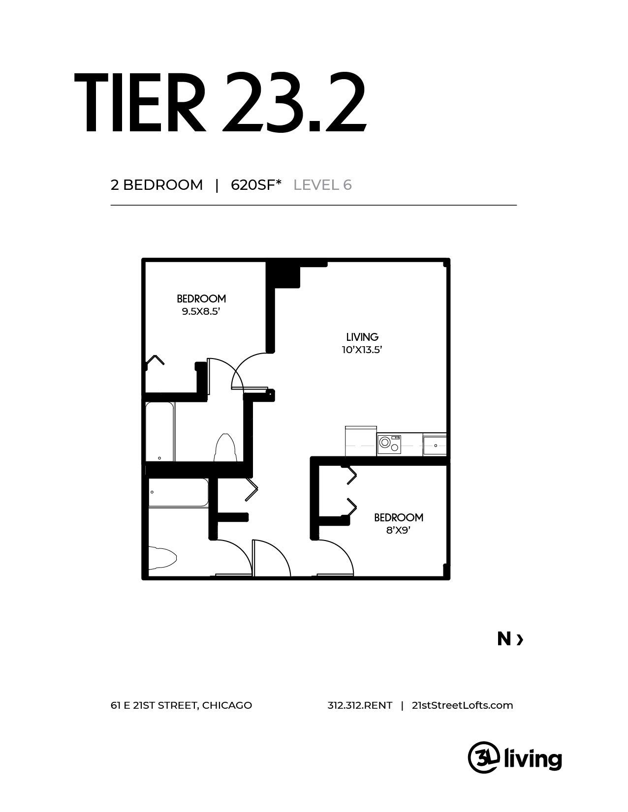 A black and white floor plan of a tier 23.2 apartment.