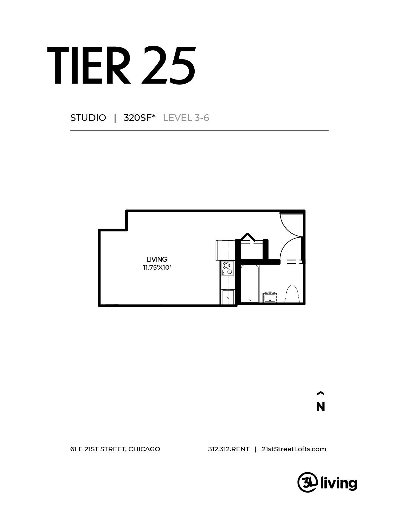 A black and white floor plan of a studio apartment.