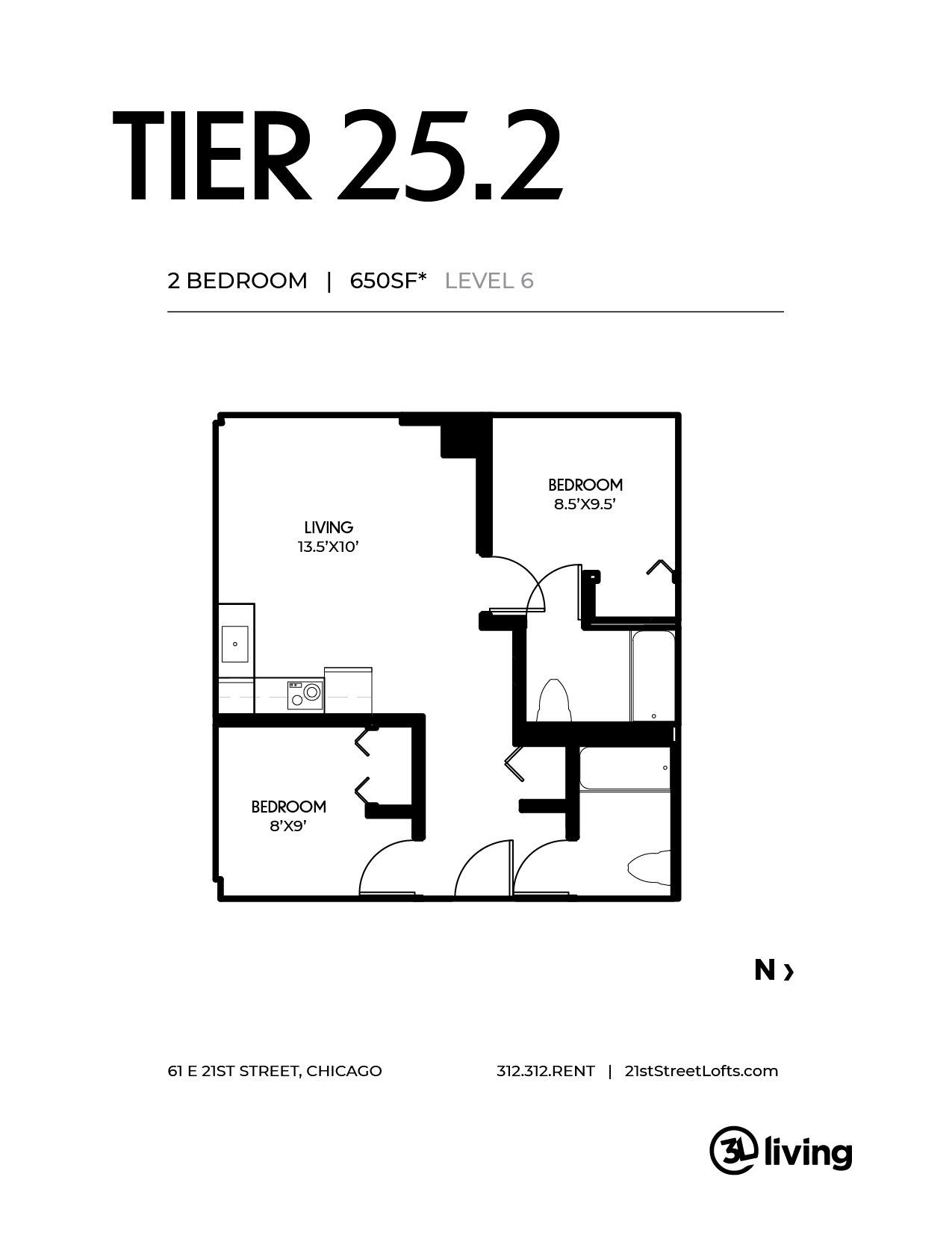 A black and white floor plan of a tier 25.2 apartment.