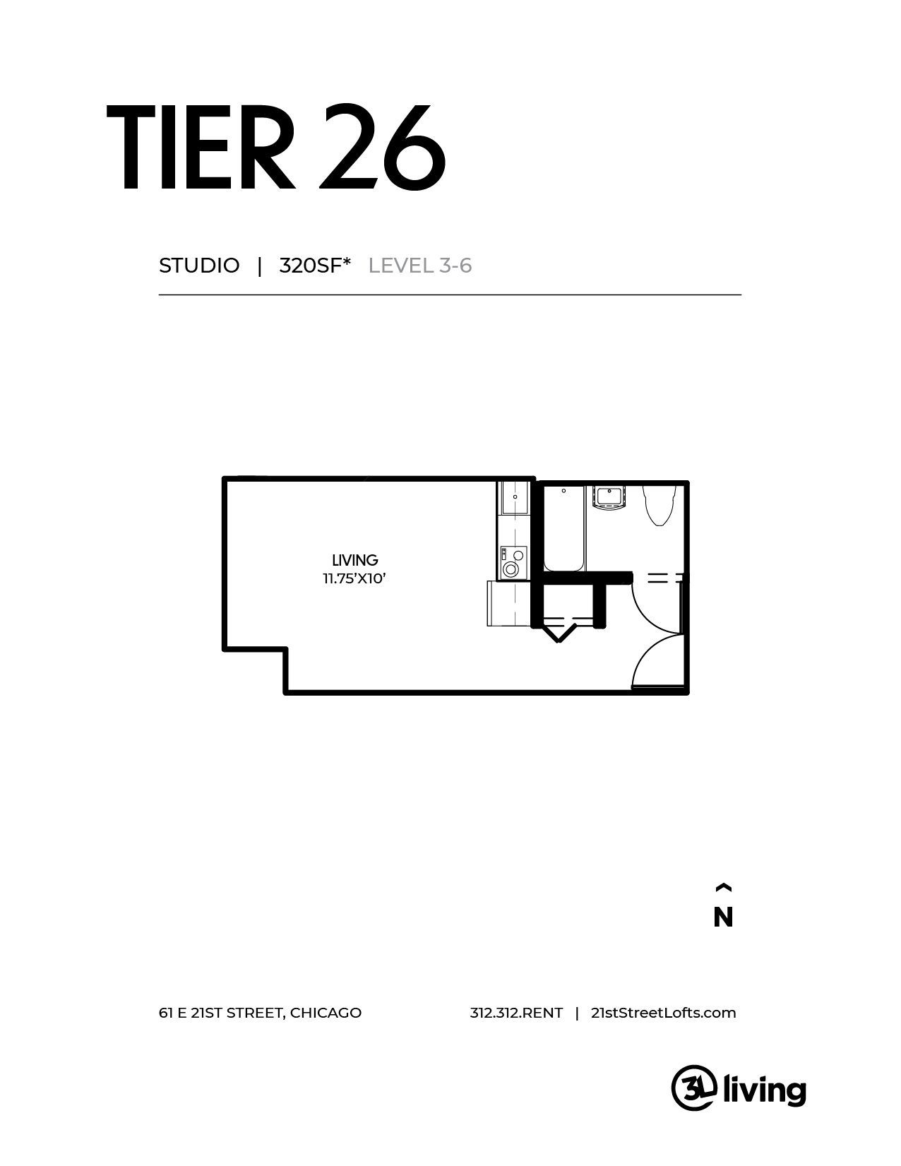 A black and white floor plan of a studio apartment.