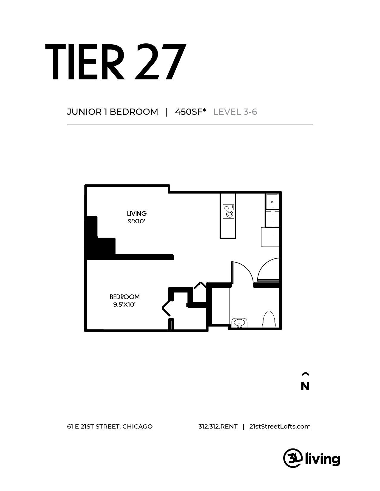 A black and white floor plan of a tier 27 apartment.