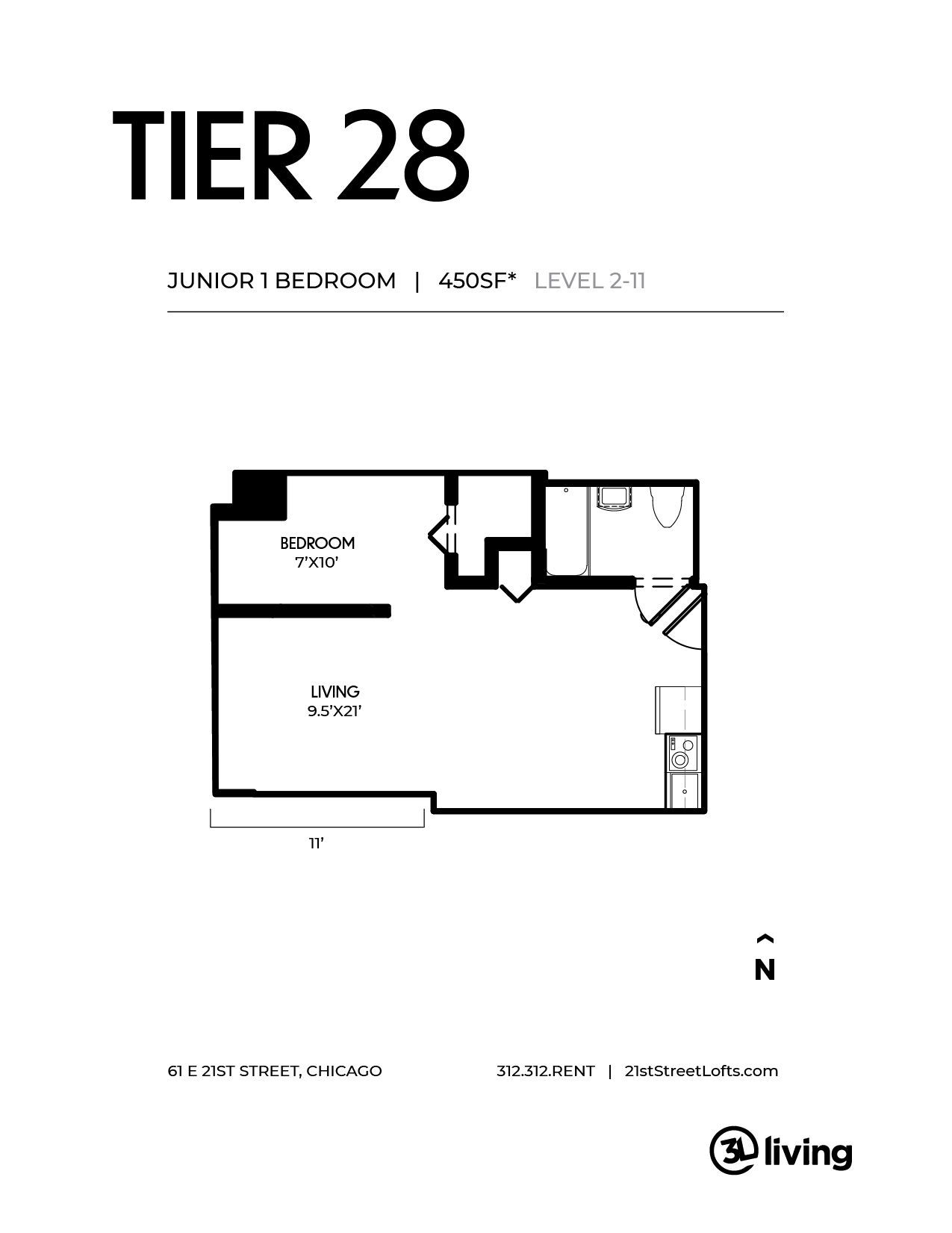 A black and white floor plan of a tier 28 apartment.