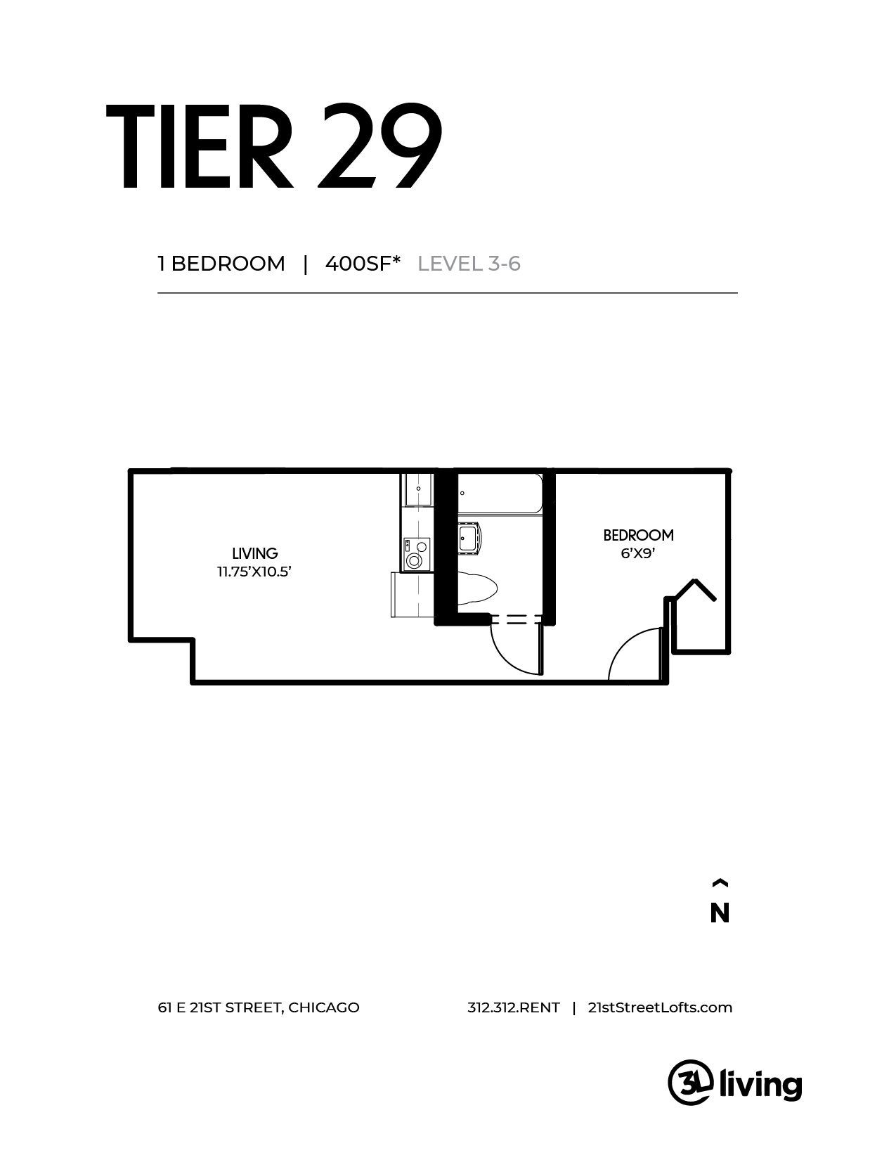 A black and white floor plan of a tier 29 apartment.