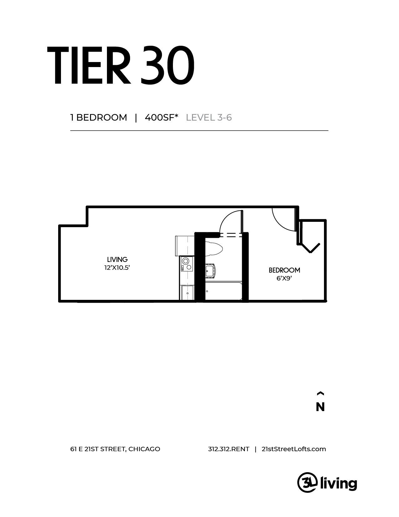 A black and white floor plan of a tier 30 apartment.