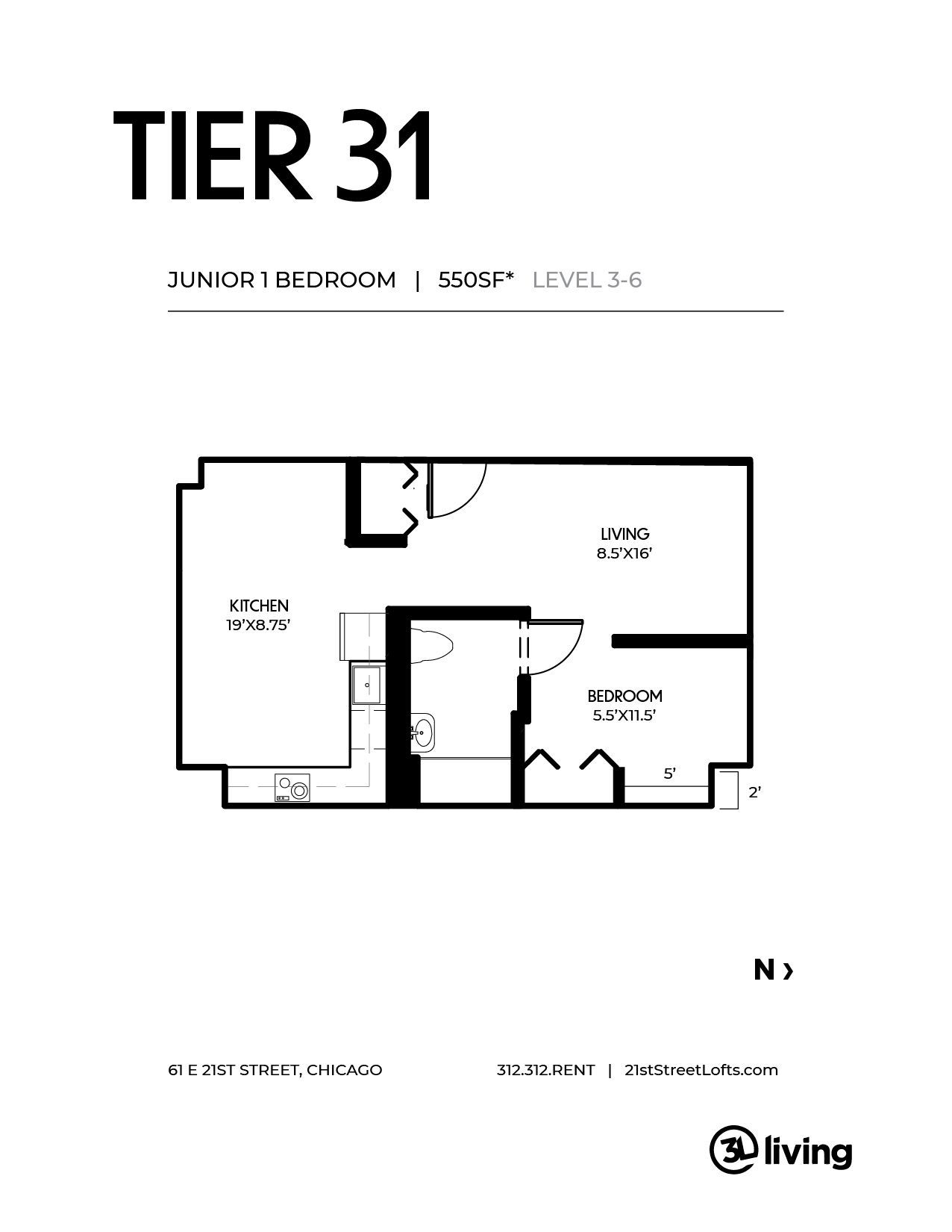 A black and white floor plan of a tier 31 apartment.