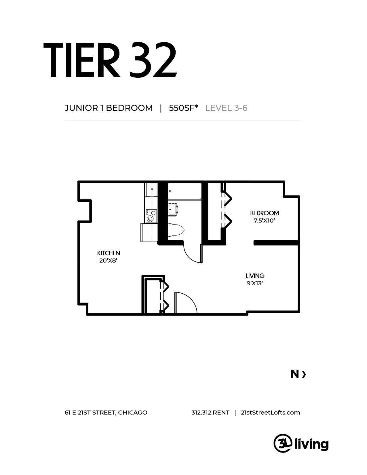 A black and white floor plan of a tier 32 apartment.