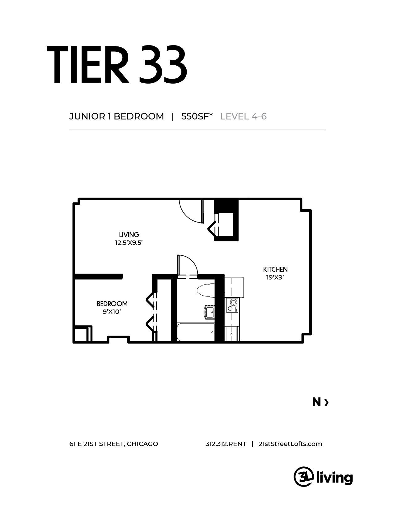 A black and white floor plan of a tier 33 apartment.