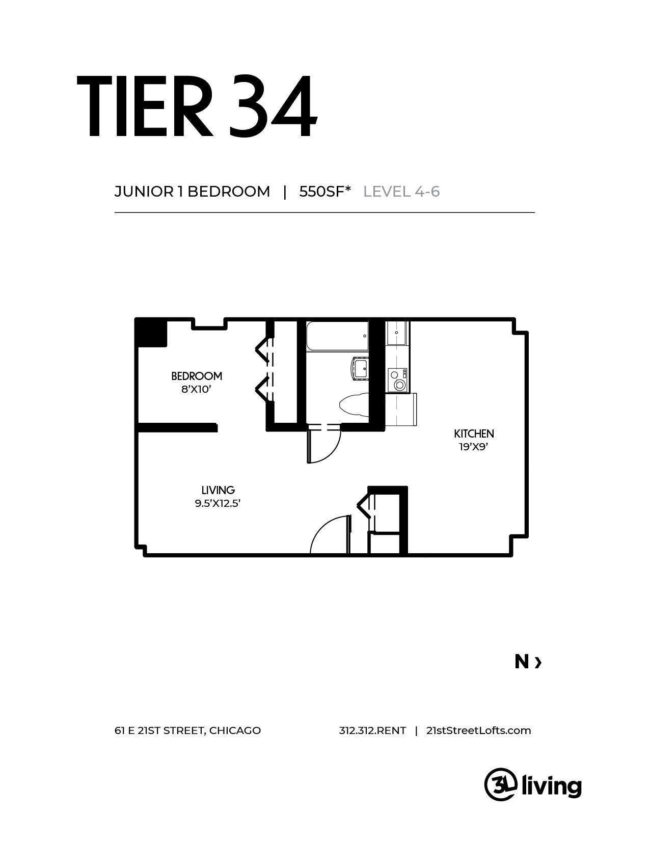 A black and white floor plan of a tier 34 apartment.