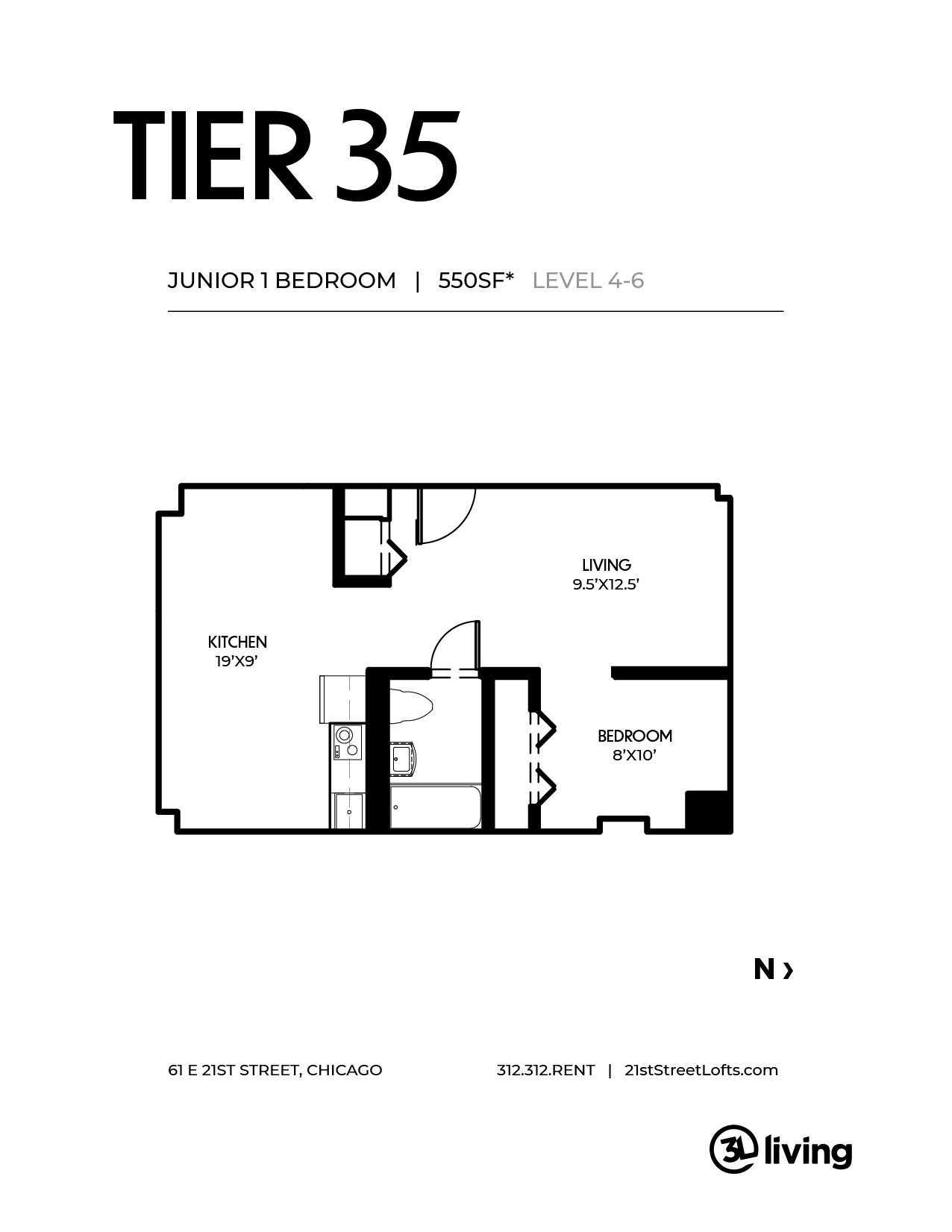 A black and white floor plan of a tier 35 apartment.