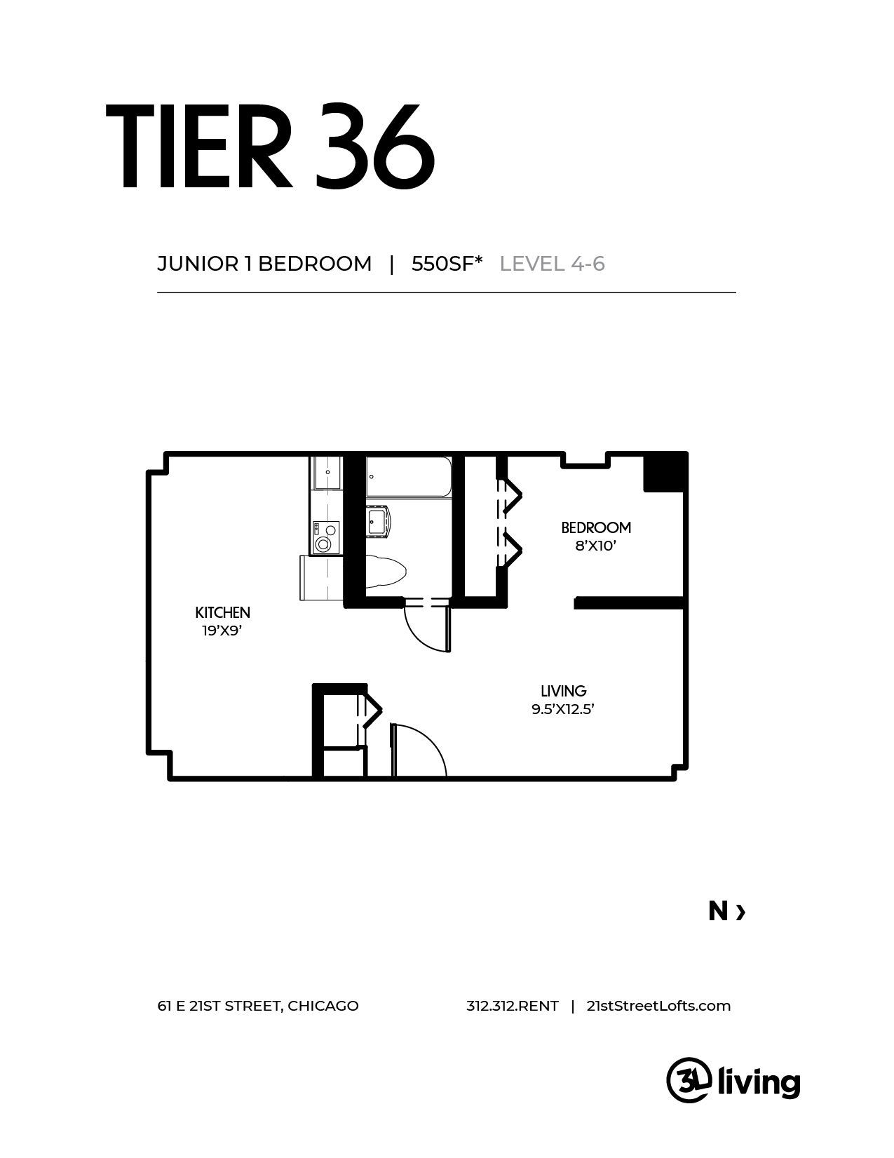 A black and white floor plan of a tier 36 apartment.