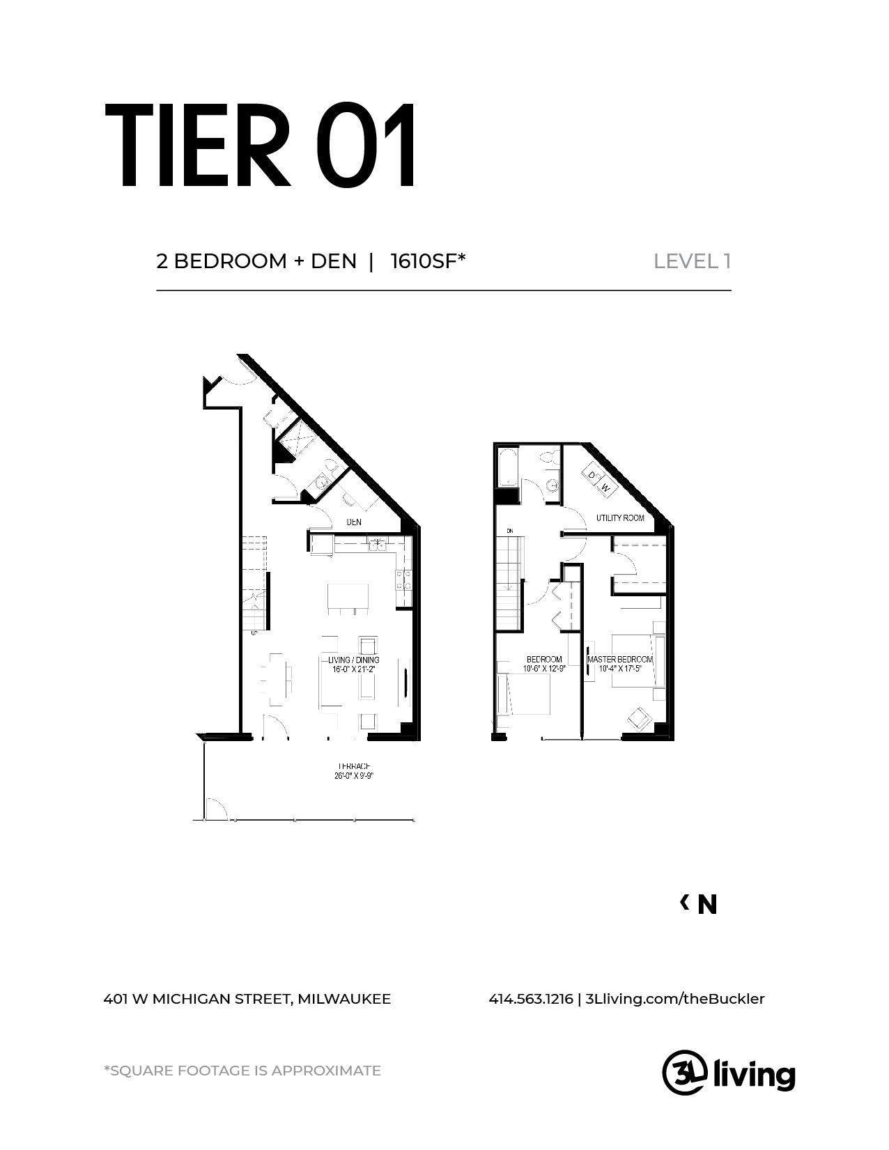 A black and white floor plan of a tier 01 apartment.