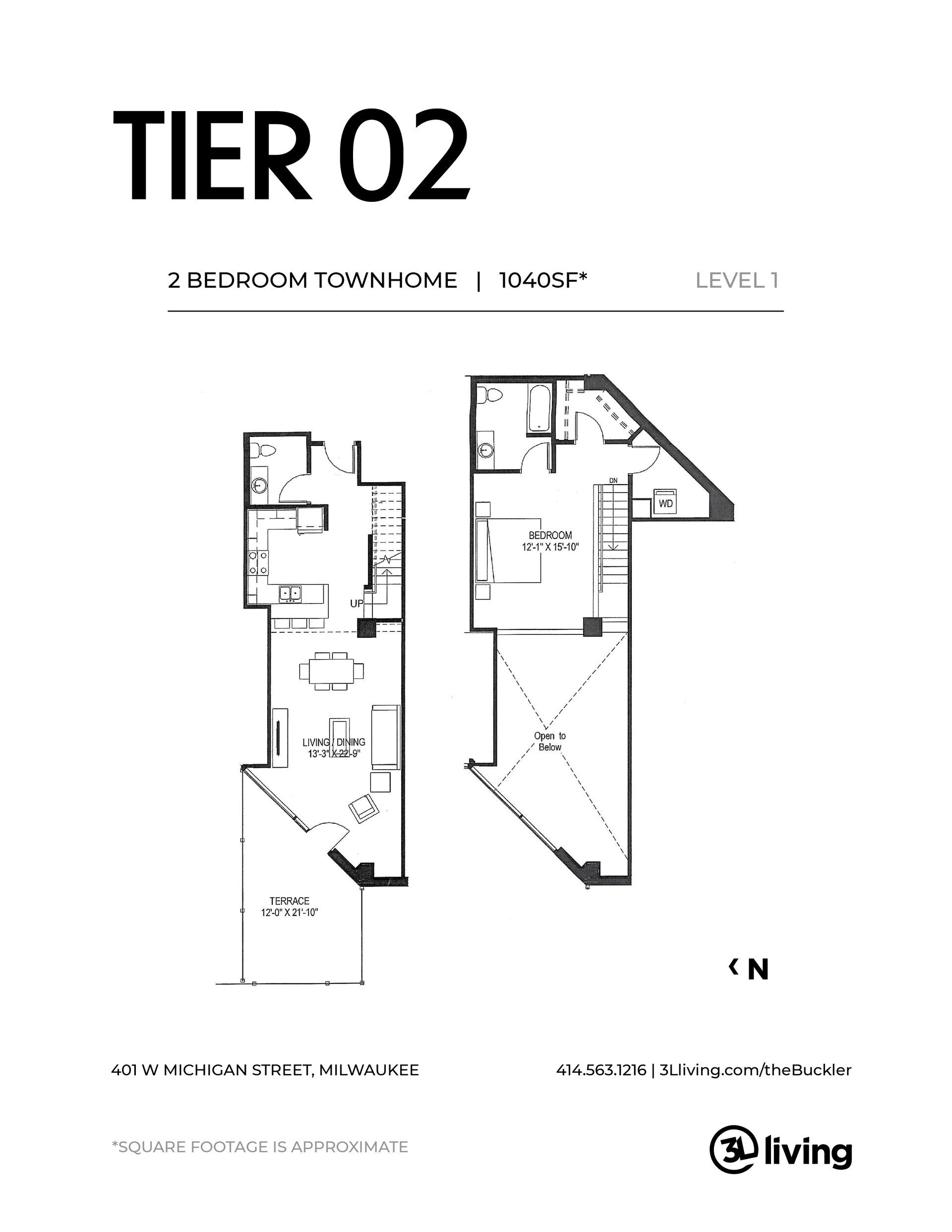 A black and white floor plan of a tier 02 apartment.