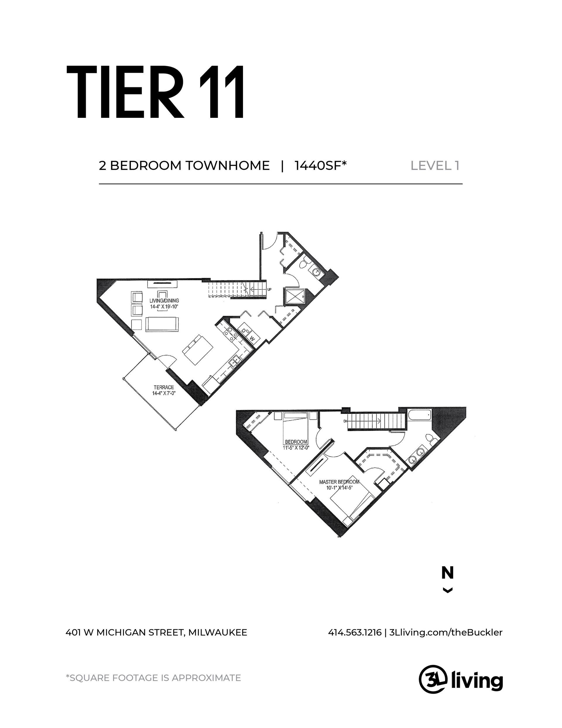 A black and white floor plan of a tier 11 apartment.