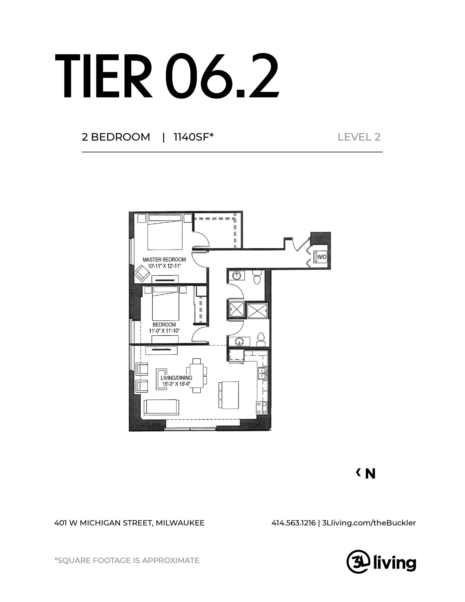 A black and white floor plan of a tier 06.2 apartment.