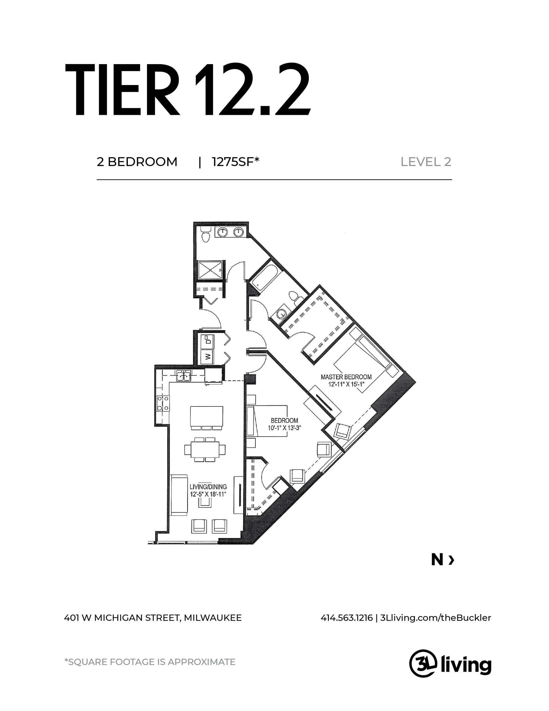 A black and white floor plan of a tier 12.2 apartment.