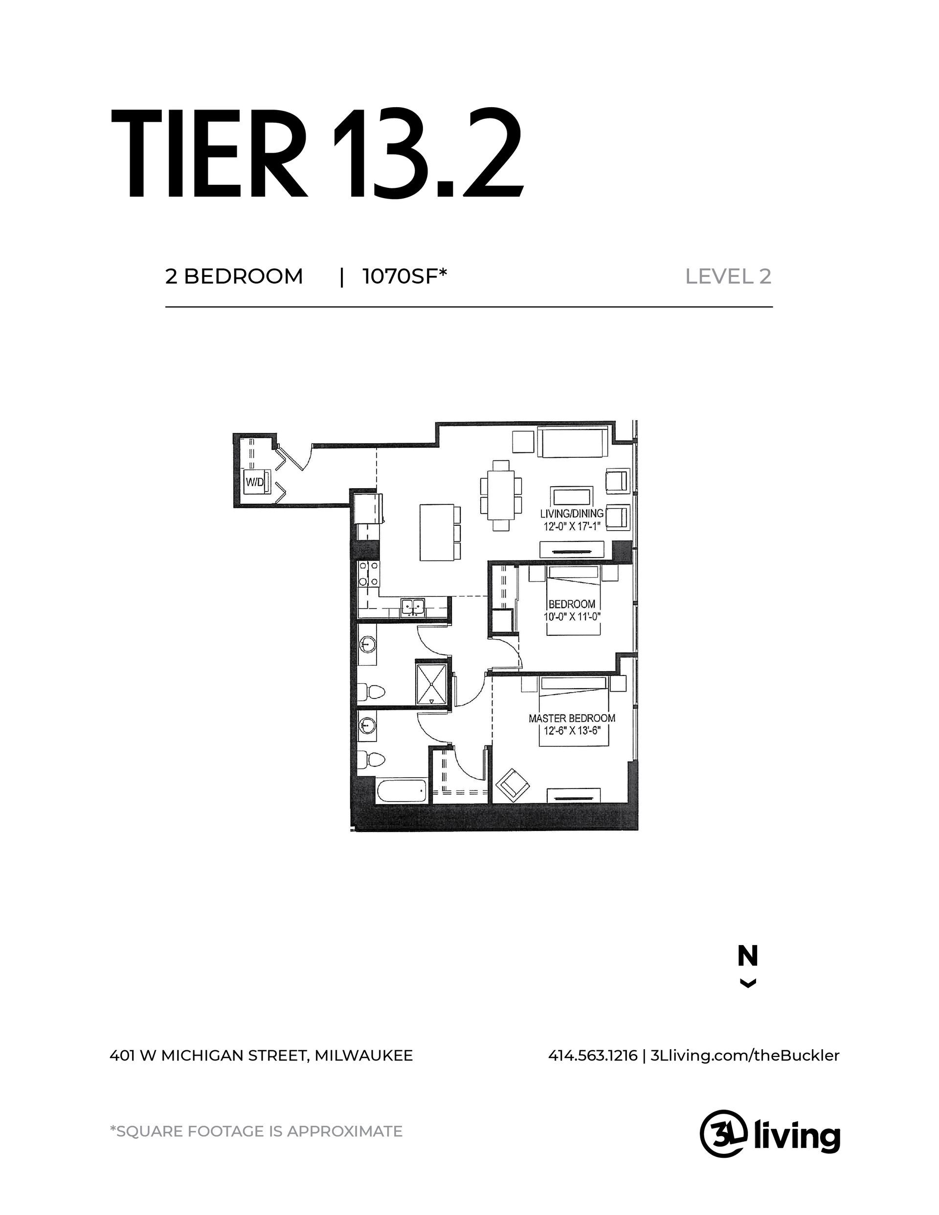 A black and white floor plan of a tier 13.2 apartment.