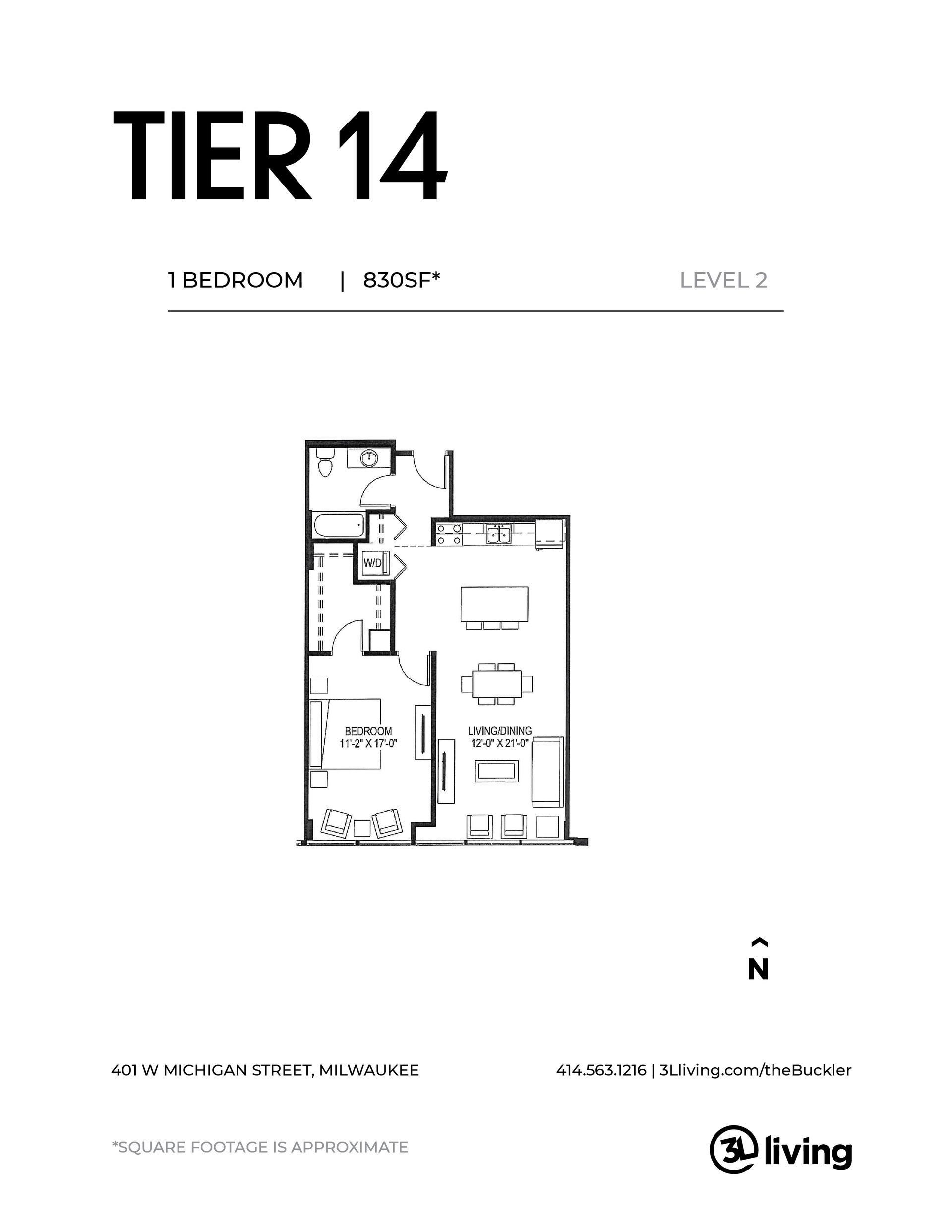 A black and white floor plan of a tier 14 apartment.