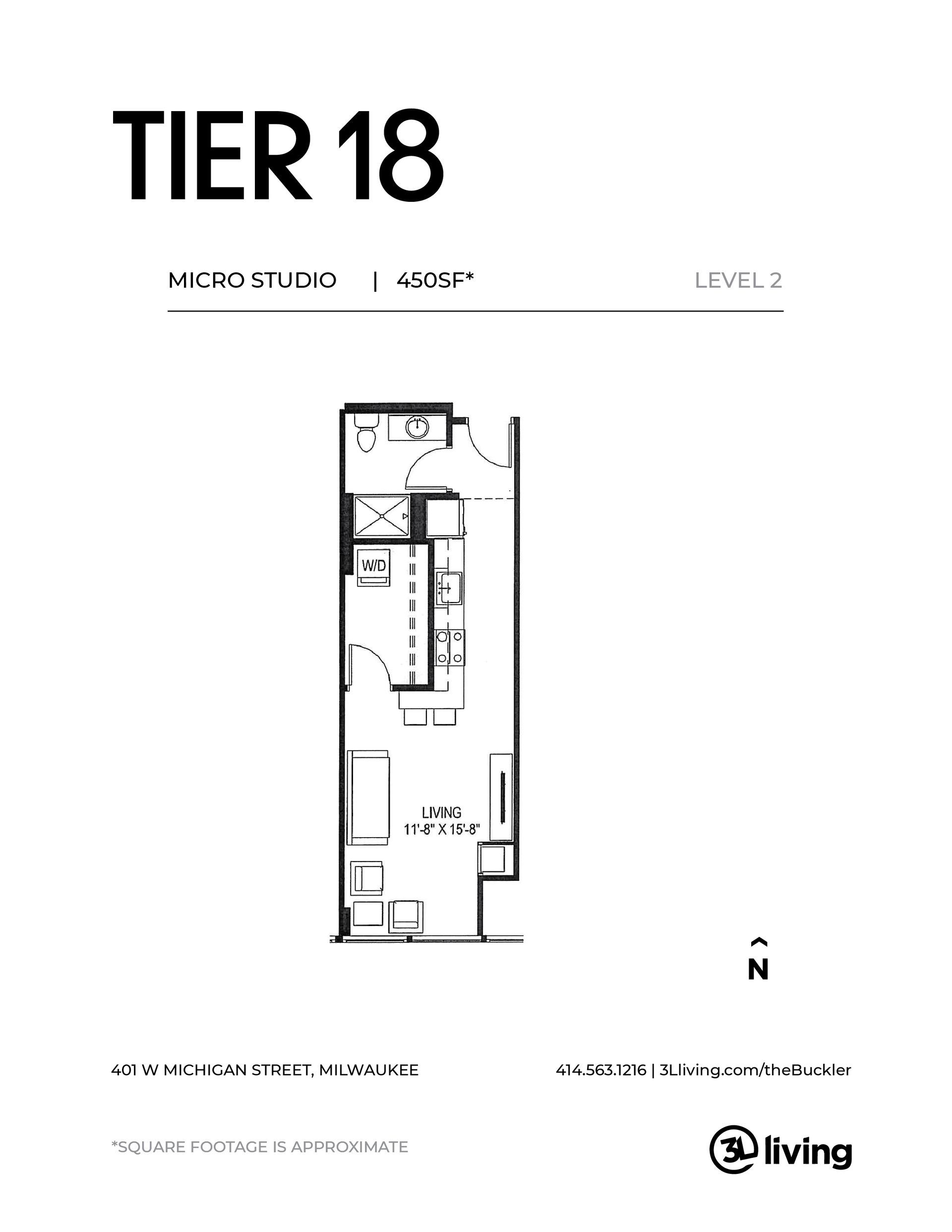 A black and white floor plan of a tier 18 apartment.